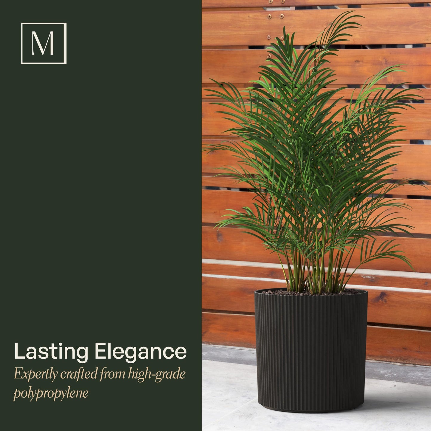 Mayne Serene 14-inch Fluted Planter, Round Planters for Outdoor Plants, Modern Lightweight Concrete Textured Plant Pots for Porch, Patio or Garden, Black
