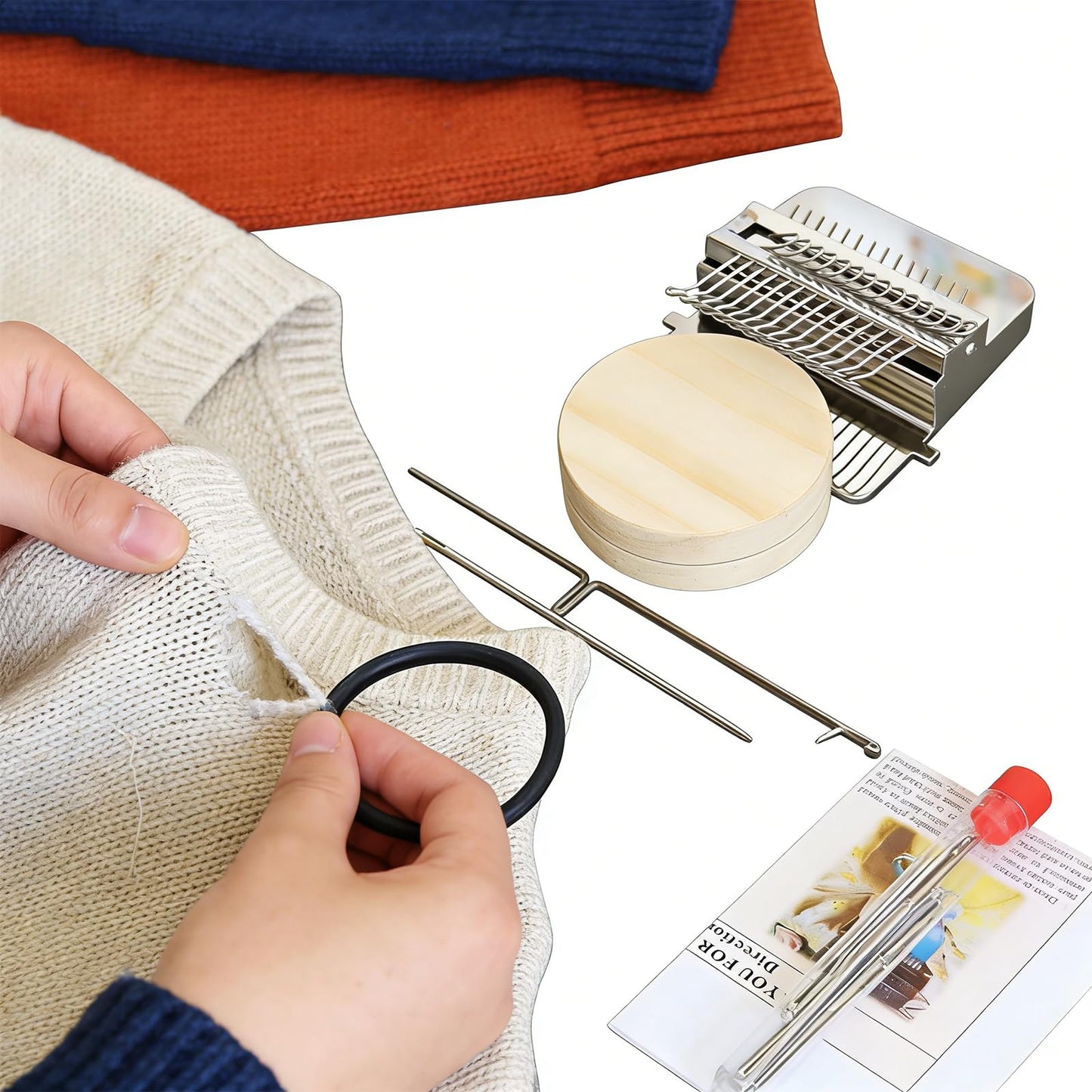 Complete Darning Loom Kit for Clothes Repair & Mini Weaving | Includes Wooden Loom, 14 Needles, Elastic Bands, Stitch Markers | Portable Sewing/Mending Tool for Socks, Sweaters