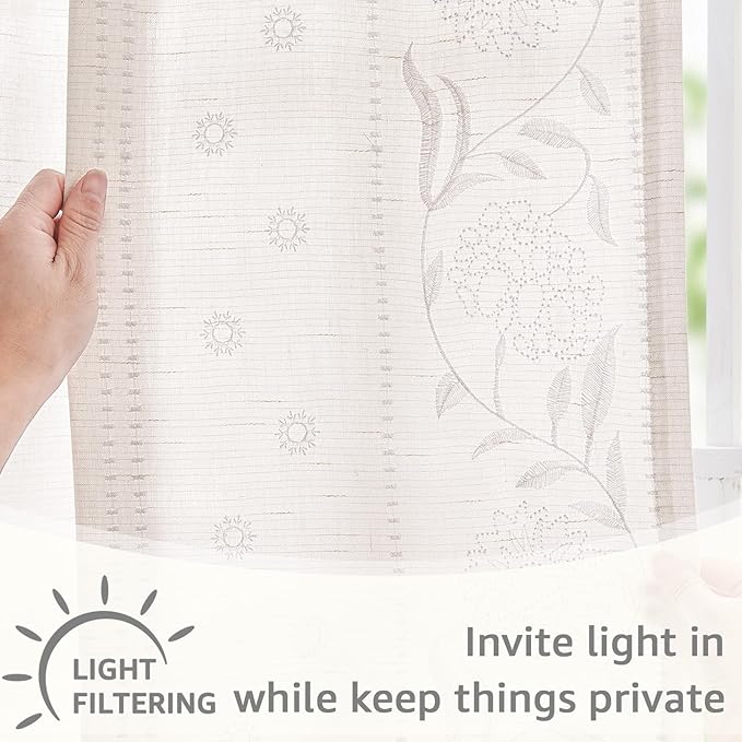 jinchan Winslow Linen Curtains for Bedroom 63 Inches Length Embroidered Bordered Floral Curtains for Living Room Farmhouse Decor Light Filtering Window Treatments White on White Drapes 2 Panels