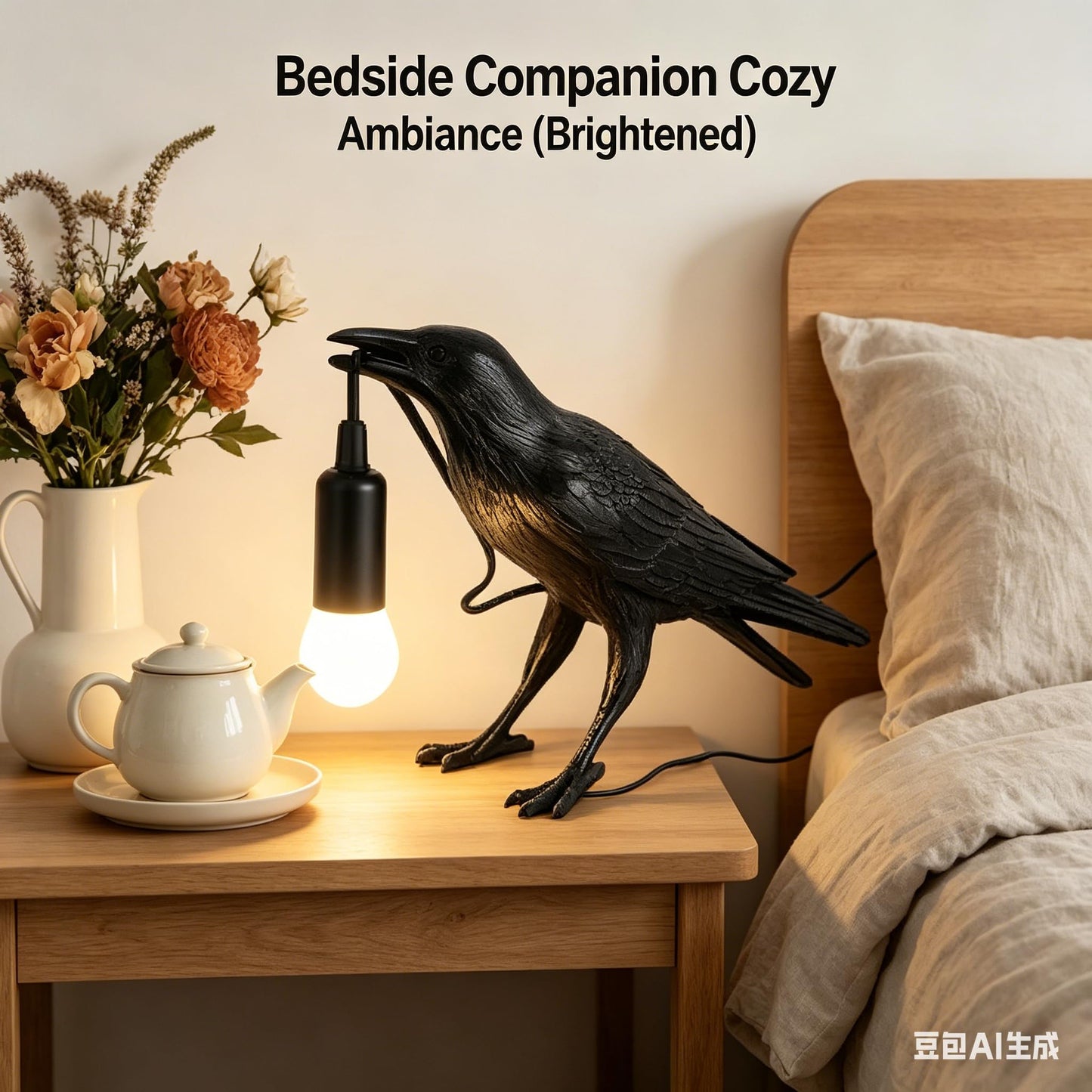 Shandaglo Raven Lamp Gothic Decor, Black Crow Table Lamp with LED Bulb, Unique Dark Aesthetic Night Light for Bedroom Desk, Halloween Home Decoration Gift