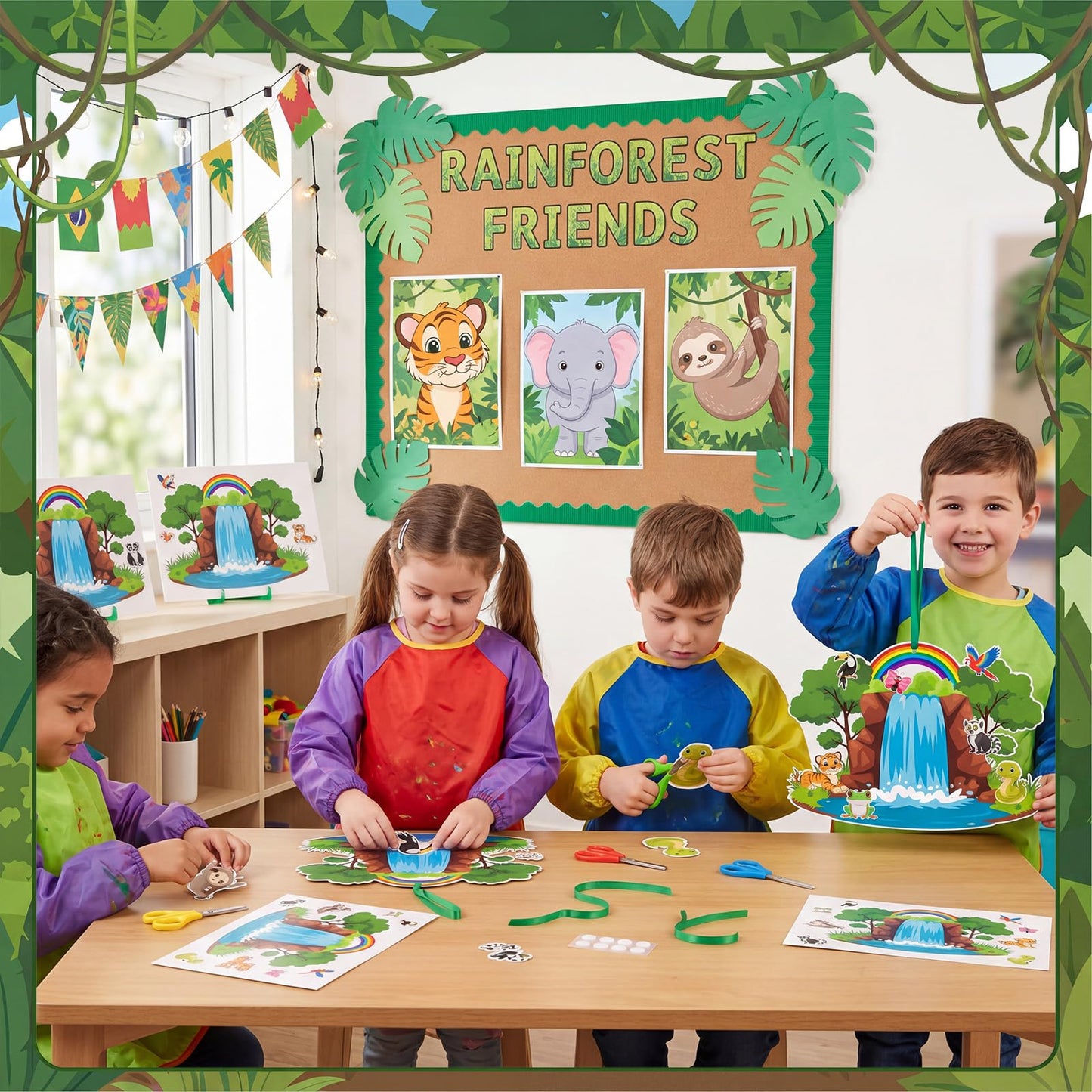 MotiMind 96 Pack Rainforest Fall Animal Craft Kits for Vbs 7.87 Inch Jungle Waterfall Rainbow Scene with Animal Stickers Rainforest Falls Craft Set for Sunday School Church DIY Hanging Decoration