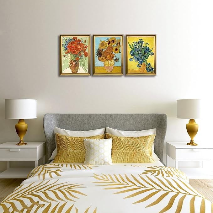 Wieco Art Framed 3 Panels Wall Art of Vincent Van Gogh Paintings Red Poppies and Daisies Sunflower Irises in Vase Canvas Prints for Wall and Home Decorations Bronze Gold Frame
