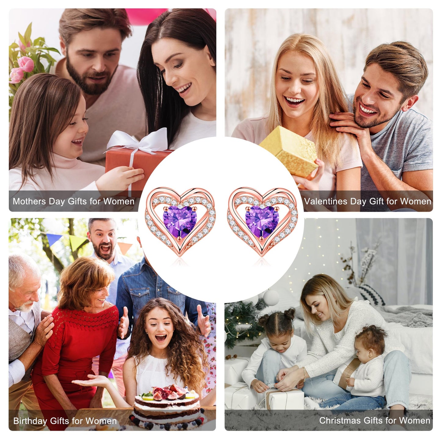 Iefil Heart Stud Earrings for Women, 925 Sterling Silver Rose-Gold-Plated July Birthstone Red Ruby Earrings