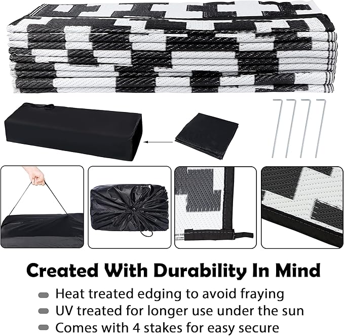 SAND MINE Waterproof Outdoor Rug 9x18 ft, Plastic Straw Rug, Modern Area Rug, Large Floor Mat, RV, Patio, Backyard, Deck, Picnic, Beach, Trailer, Camping (9' x 18', Black & White Lattice)