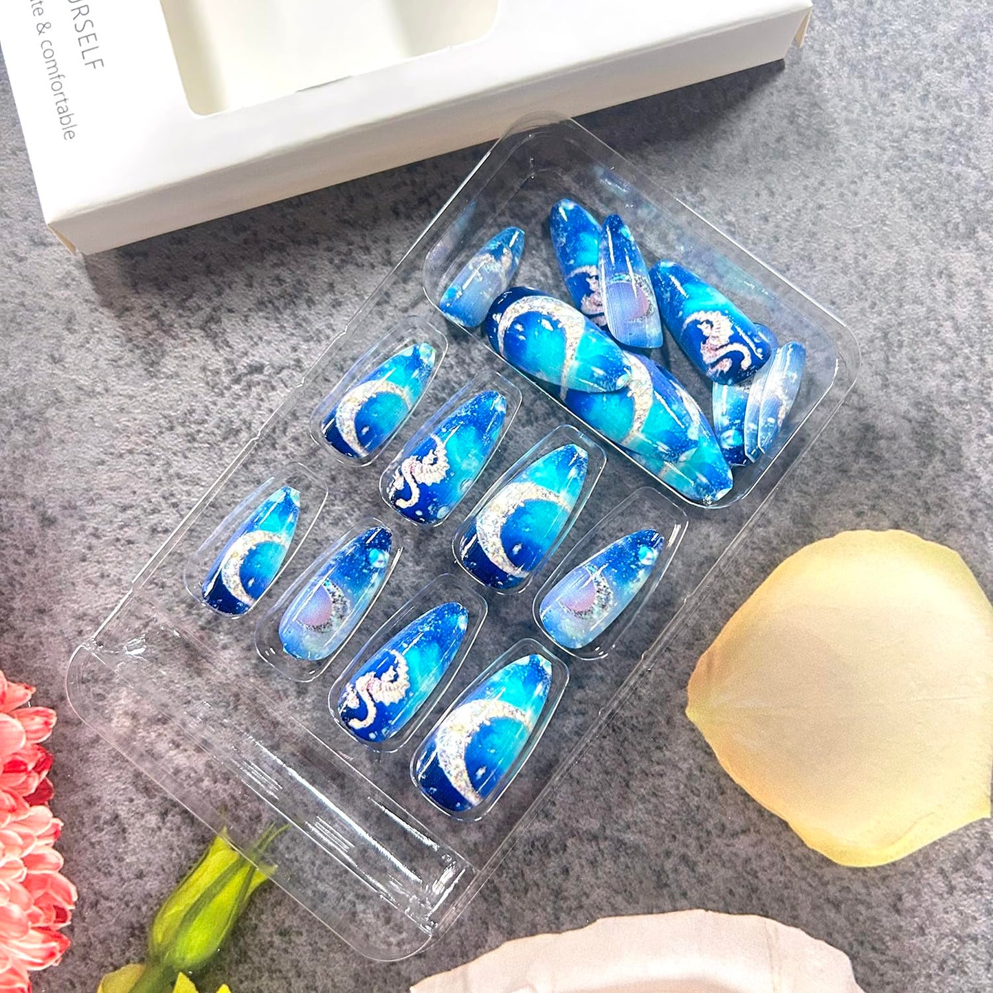 Dark Blue Starry Sky Press on Nails Almond Meduim Moon Planet Pattern Design Full Cover Glossy Acrylic Fake Nail Press Ons Artificial Handmade False Nail Reusable Glue on Nails for Women 24Pcs