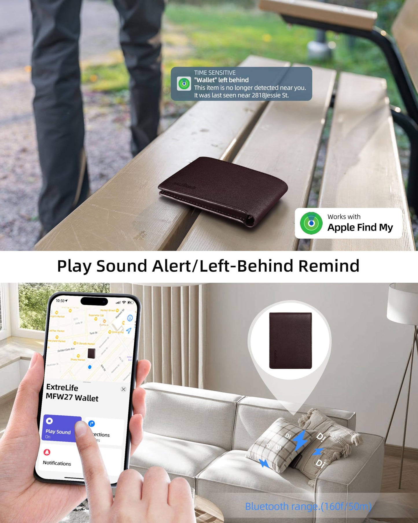 Wallet for Men, Built-in Bluetooth Tracker with Apple Find My (iOS Only), Air Tag Wallet, Leather RFID Blocking Bifold Mens Wallets with GPS Tracker, Rechargeable, Gift for Him, Brown