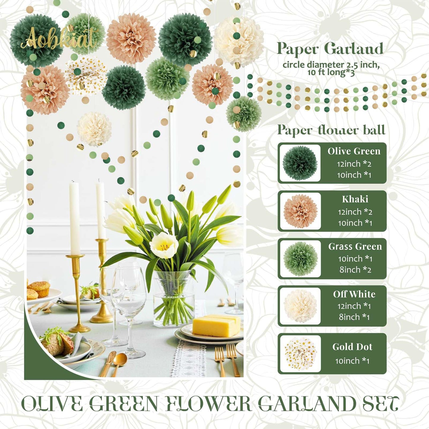 AOBKIAT Wedding Party Decorations Set,15PCS Green Tissue Paper Pom Poms,Dots Paper Garland String Hanging Backdrop for Engagement,Green Boho Wedding,Baby Shower