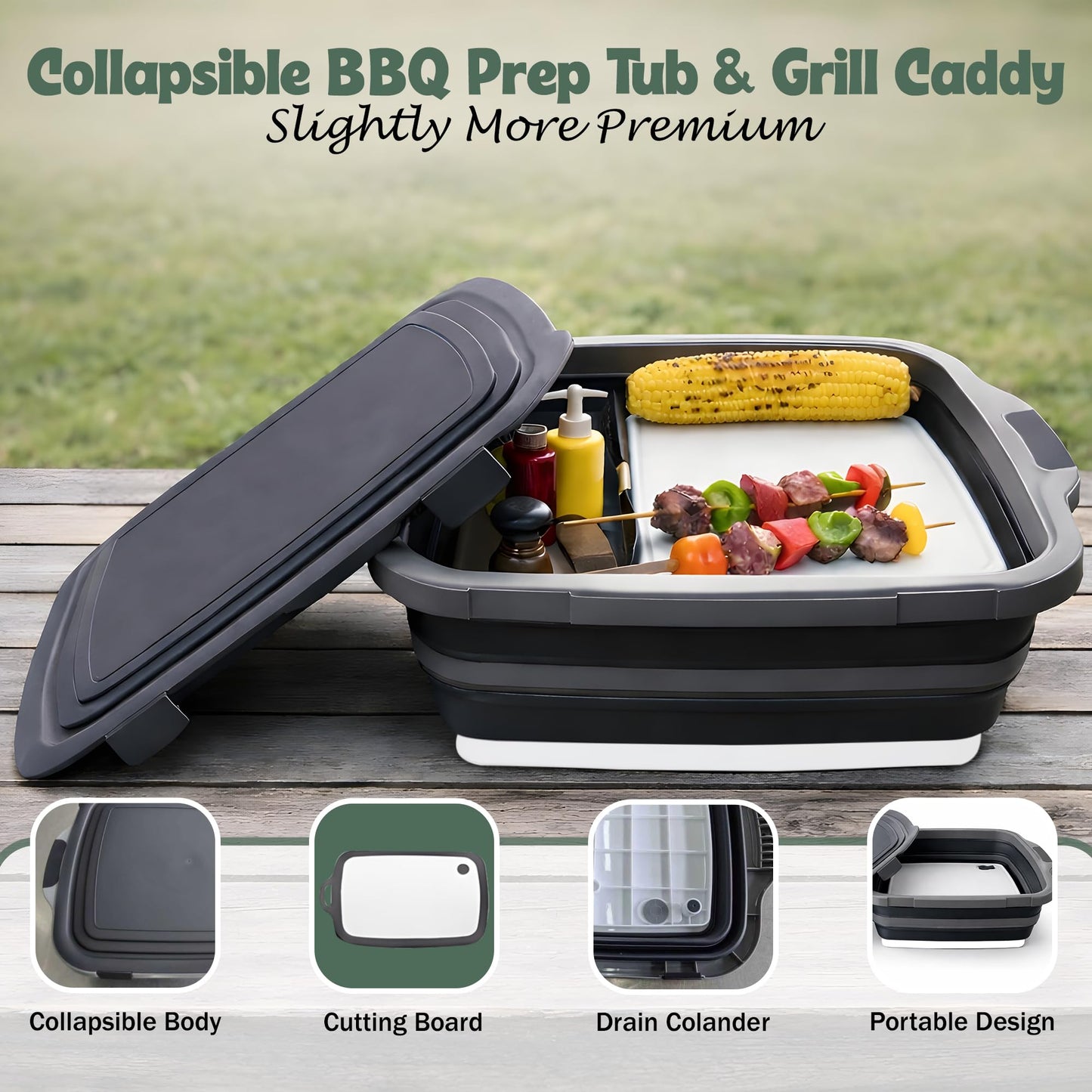 BBQ Prep Tub with 2 Pcs Meat Shredder Claws, Collapsible Cutting Board, Cutting Board with Locking Lids, Drip Easy BBQ Prep Tub with lid-XL Size (Black)