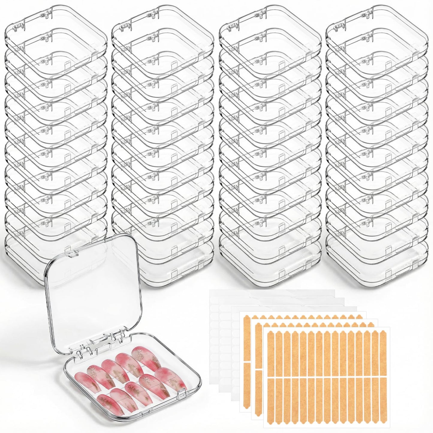 48 Pack Press On Nail Storage Box Clear Acrylic Nail Organizer Display Case with 180 Adhesive Double Sided Tape for Fake Nails, Nails Packaging Supplies