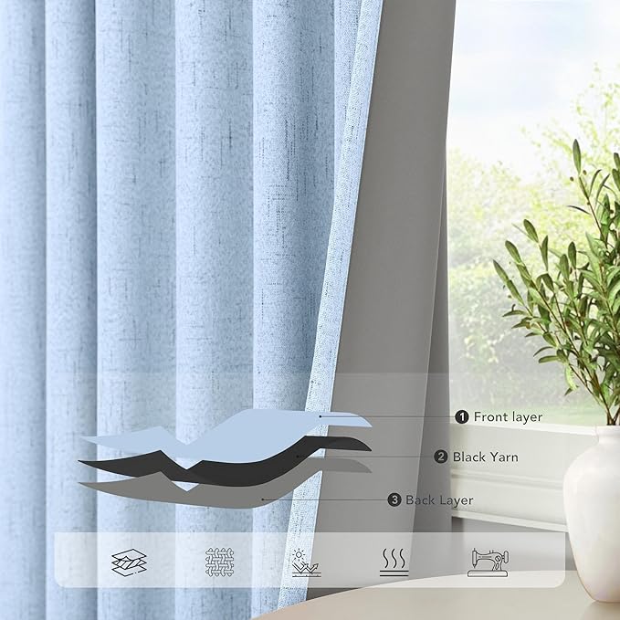 Total Blackout Baby Blue Linen Curtains 108 Inches Long 2 Panel Set Light Blue Pale Sky Colored Floor to Ceiling Thermal Spring Summer Curtain for Living Room Bedroom Patio Sliding Door Drape Back Tab