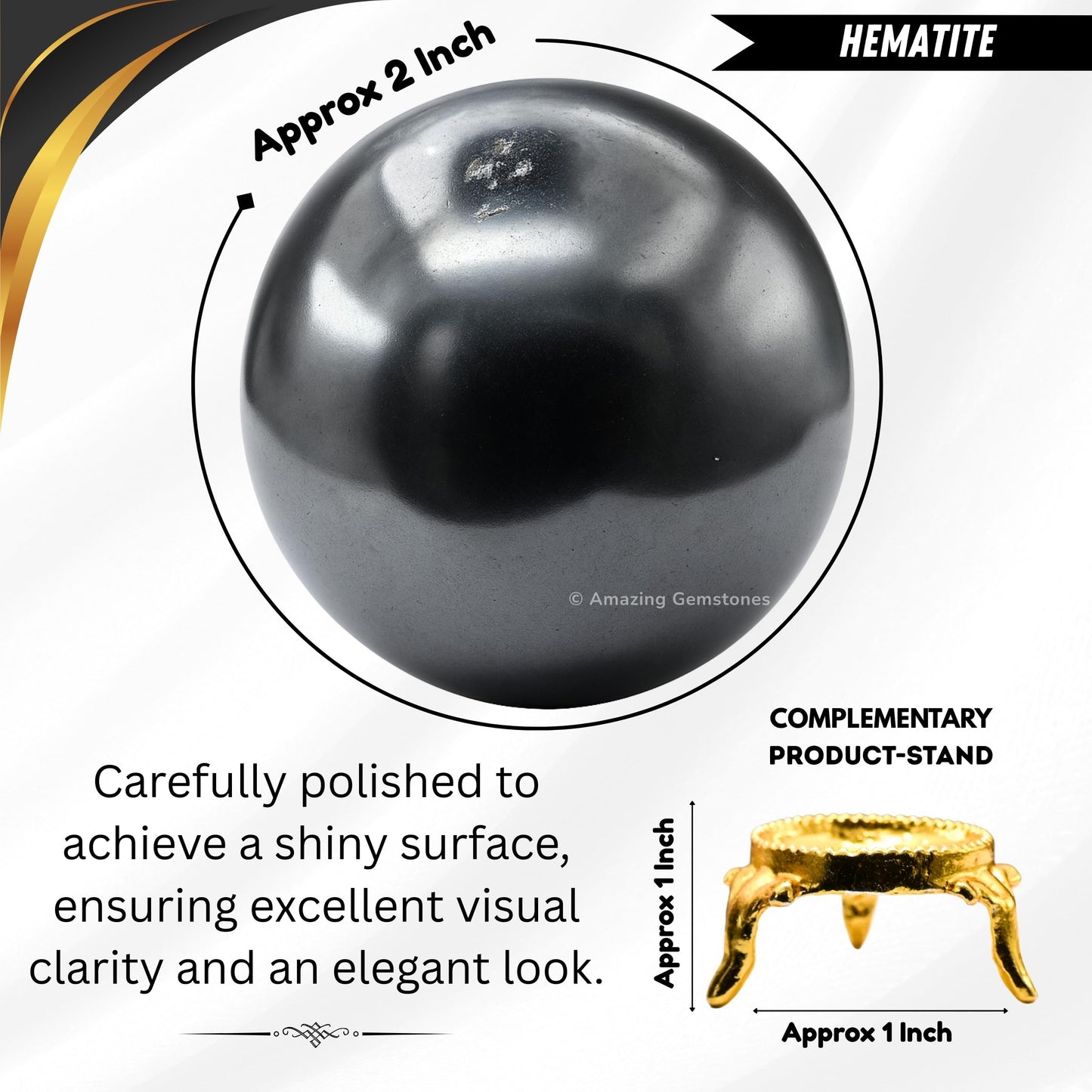 Amazing Gemstone Hematite Crystal Ball with Stand - 2 Inches Crystal Sphere Meditation Balls for Witchcraft and Decorative Balls