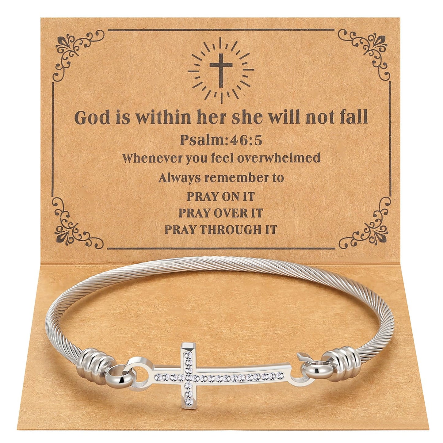 DS Religious Gift for Her Christian Cross Bracelet Bible Verse God is Within Her She Will Not Fall Inspirational Bracelets For Women Stainless Steel Jewelry Gift To Daughter Best Friend (Cross bracelet-Silver 7)