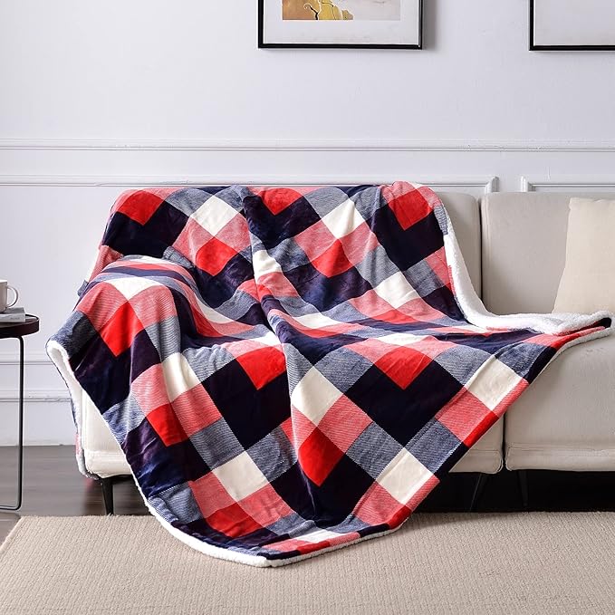 SOCHOW Buffalo Plaid Sherpa Fleece Throw Blanket, Double-Sided Checkered Super Soft Luxurious Bedding Blanket 50 x 60 inches, Red/Blue