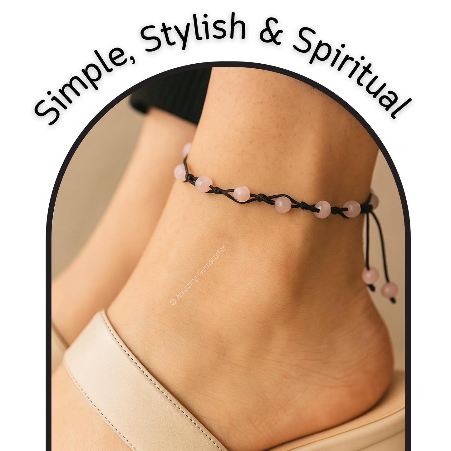 Amazing Gemstone Rose Quartz Anklet Ankle Bracelets for Women - Waterproof Beaded Healing Crystal Anklets, Plus Size Chakra Gemstone Bead Anklet (Stretchy Adjustable - Hand Knotted)