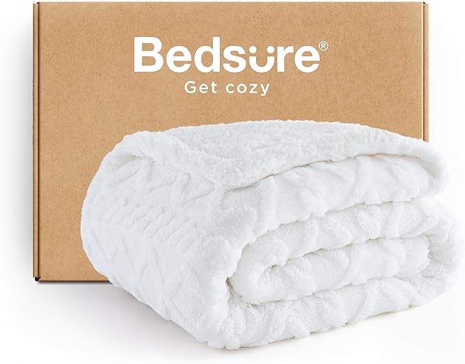 Bedsure Sherpa Fleece Throw Blanket for Couch - GentleSoft Fluffy & Cozy Cable Jacquard Tufted Throw for Women Gift, Thick and Warm Blankets for Winter, White, 50x60 Inches