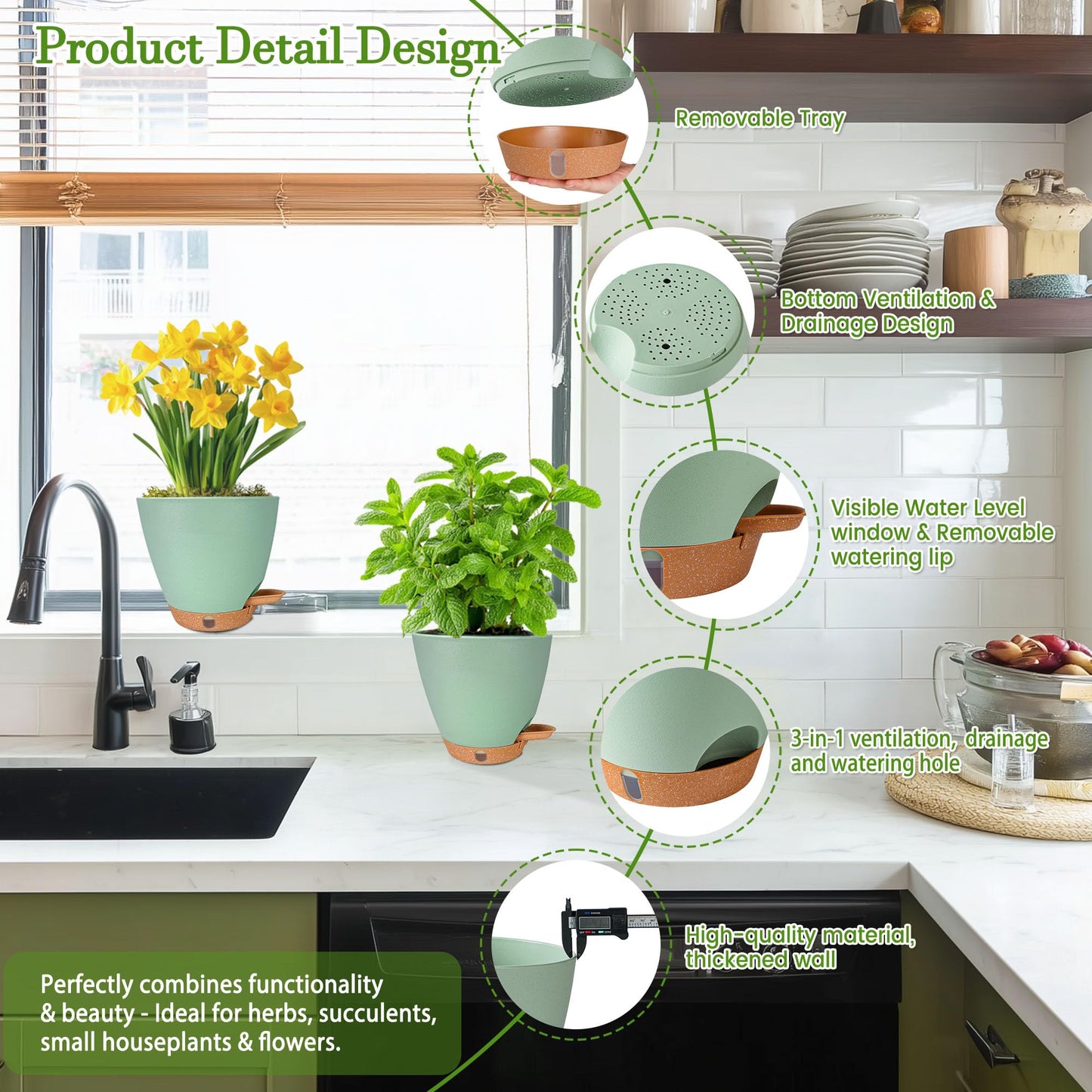 Fielda 6 Inch Self Watering Pots for Indoor Plants (5-Pack) & 2 Pack 10 inch Plant Pots,Plastic Planters with Drainage Holes, Deep Reservoir, Water Level Indicator, Modern Decorative Flower Pot