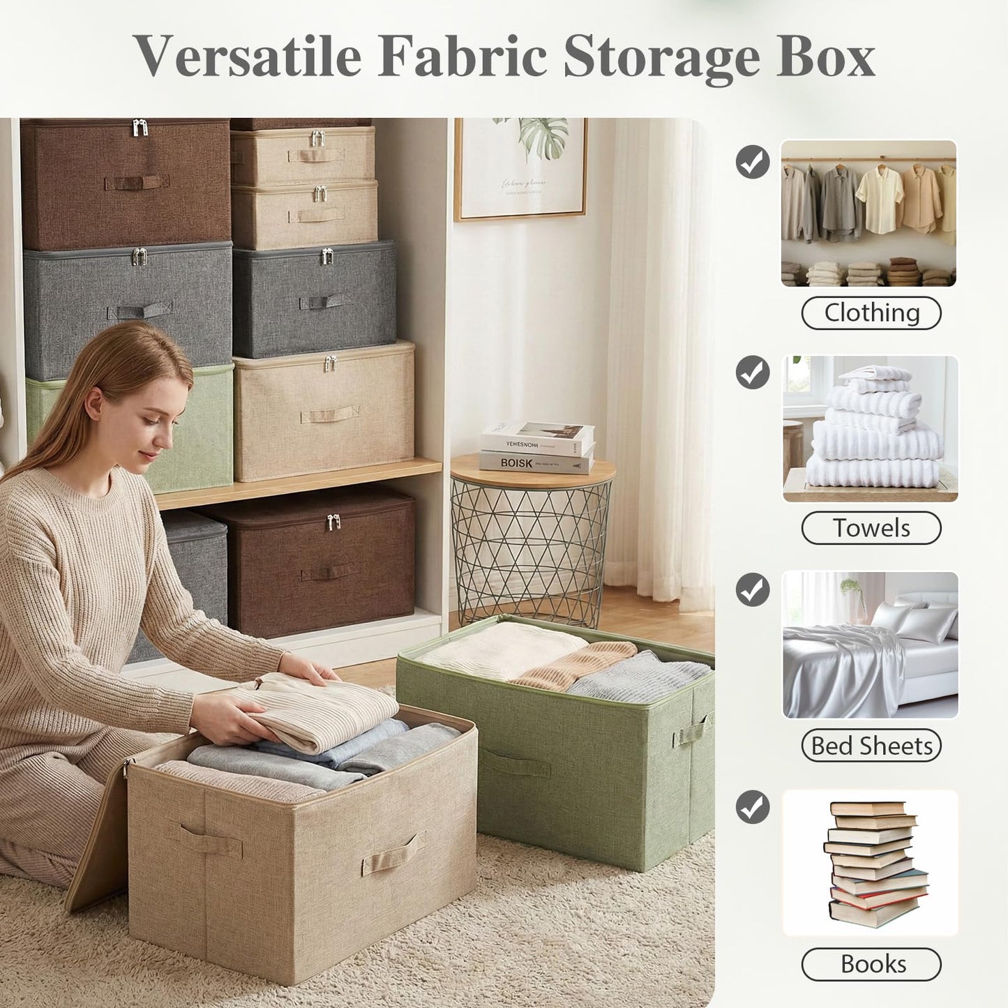 ANMINY 3PCS Storage Bins with Zipper Lids 13 Qt Lidded Fabric Storage Boxes Baskets Cubes with Handles Collapsible Washable Cotton Linen Closet Shelf Clothes Organizer Containers - Gray, Small