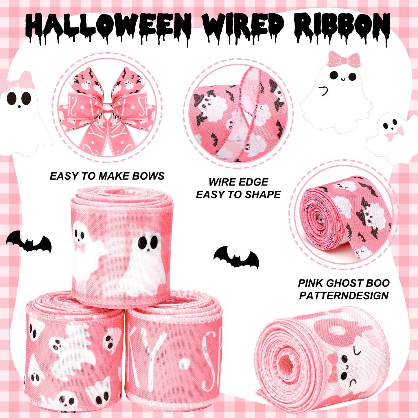 Wavyknot 6 Rolls Halloween Ghost Wired Edge Ribbon 2 Inch x 30 Yards Halloween Ghost Ribbon for Wreaths Pink for Floral Bow Making Wreath Craft DIY Party Decor