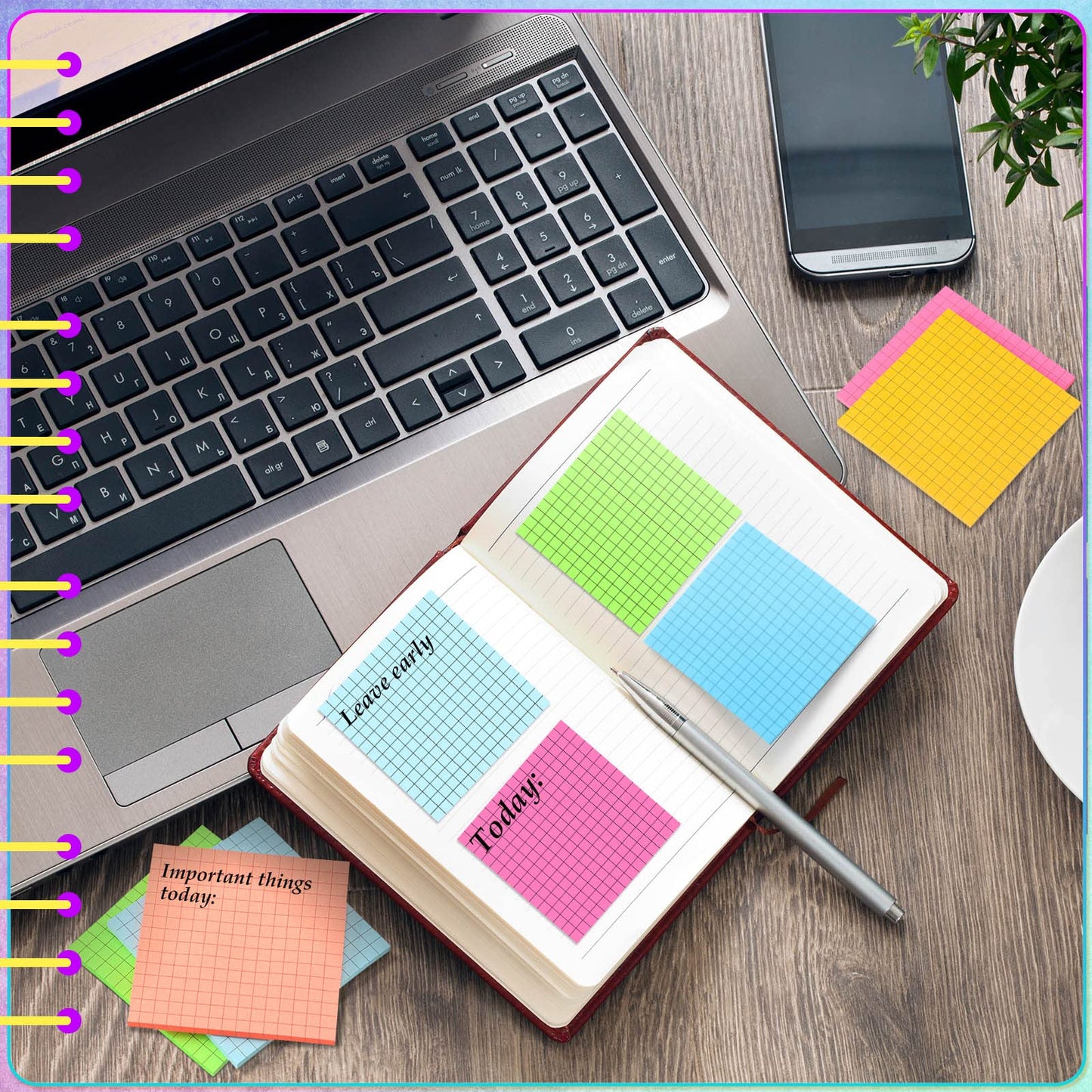 Geosar 24 Pack Lined Grid Sticky Notes 3 x 3 Inch Note Colorful Self Stick Notes Power Memo Pads Strong Adhesive Self Stick Note for Gifts School Office Supplies 8 Colors(Bright Color)