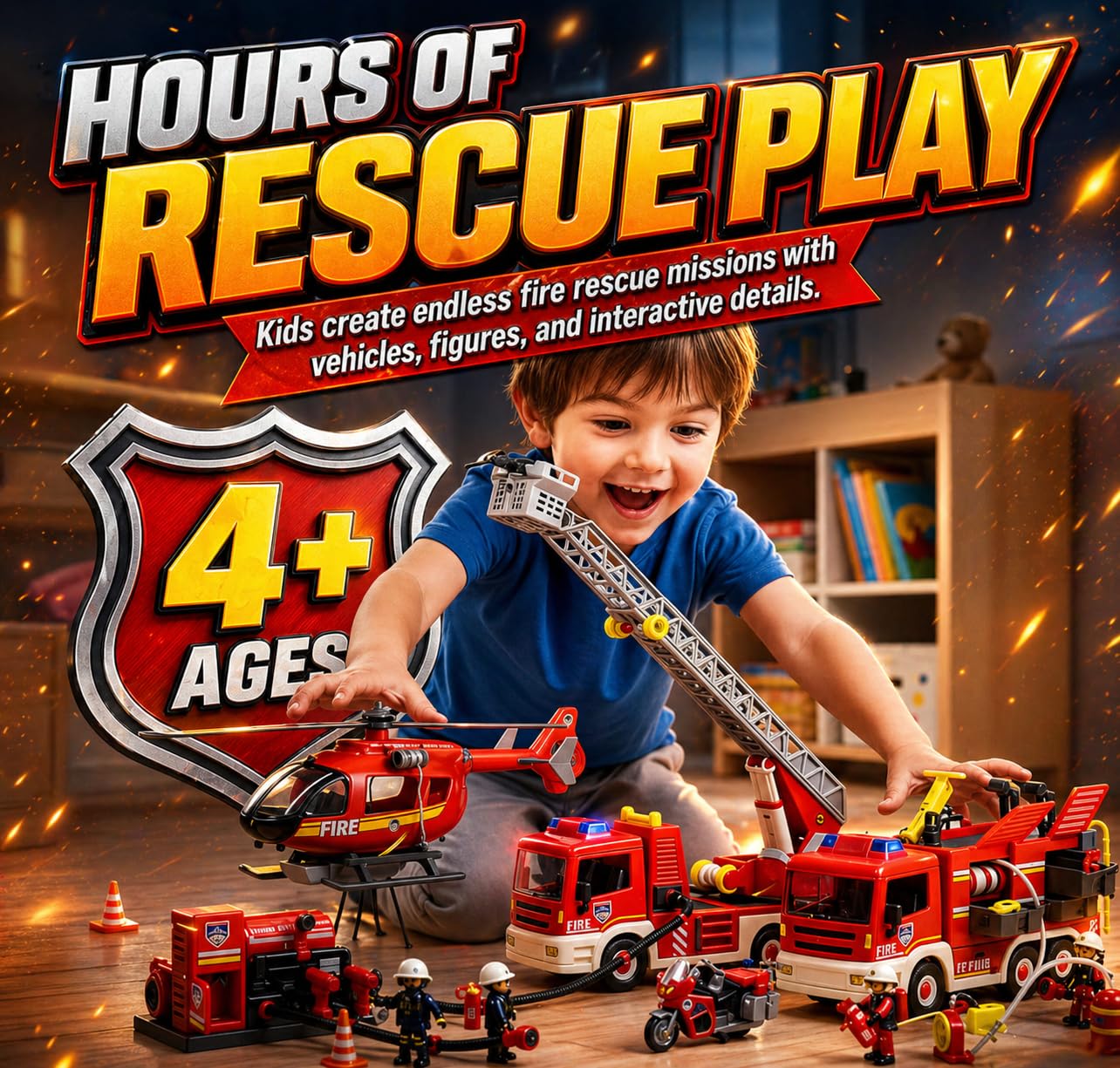 Tiny Force Fire Rescue Set – Fire Truck with Ladder, Toy Helicopter, Motorcycle & Fire Water Pump, Emergency Pretend Play Toys for Kids & Toddlers
