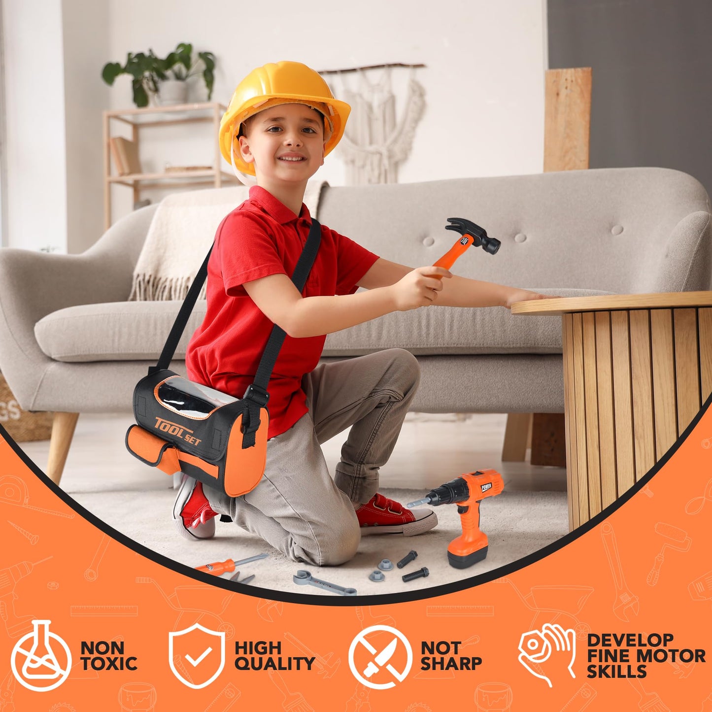 ArtCreativity Power Drill Tool Set for Kids - Pretend Playset with 2-in-1 Toy Drill with Lights, Sounds, Motion - Includes Toy Hammer, Pliers, Bolts, Screwdriver and More - Sturdy Bag for Storage