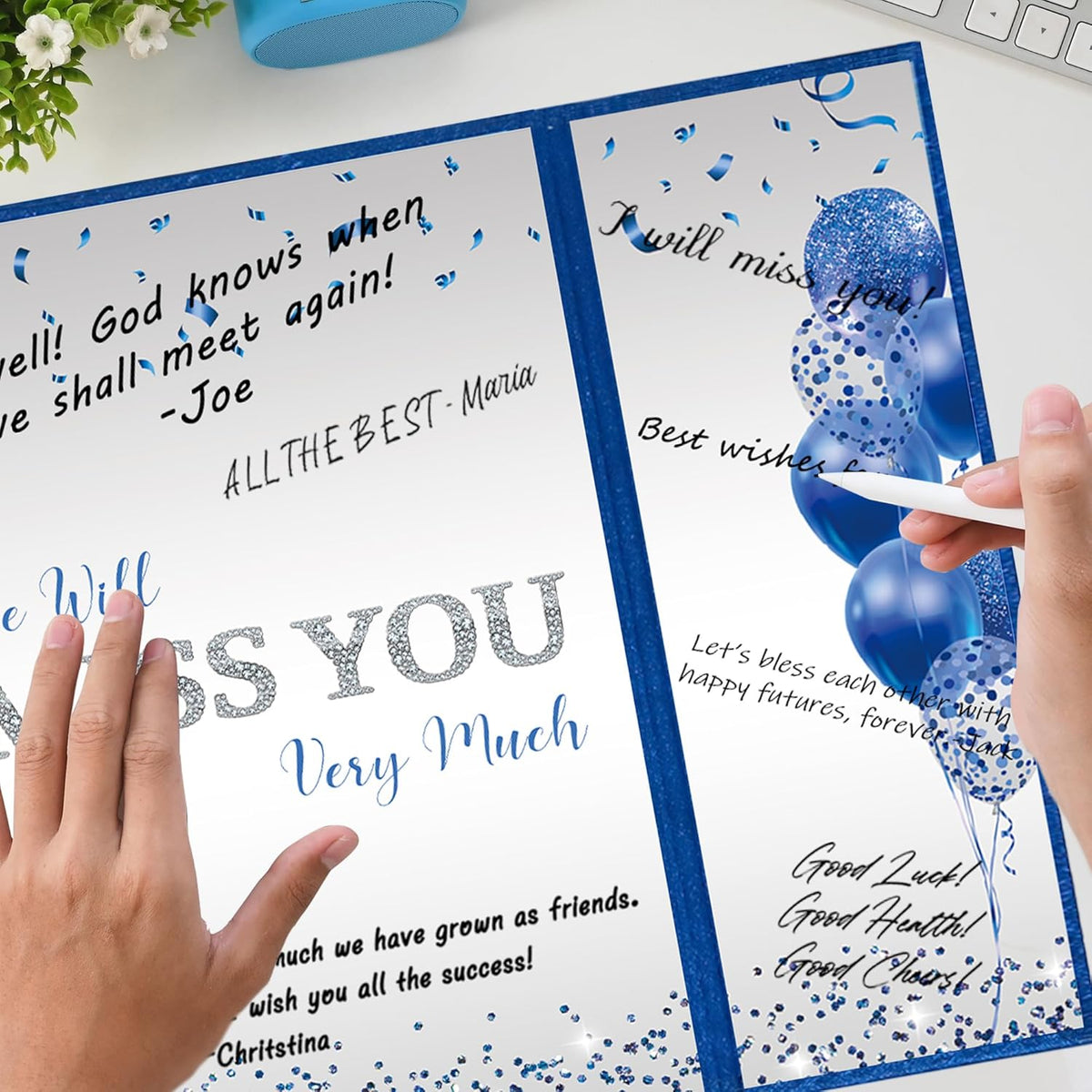 DARUNAXY Blue Silver Farewell Party Decorations, We Will Miss You Very Much Alternative Signature Guest Book for Men Women Going Away Gifts Signing Card Board for Retirement Graduation Party Supplies
