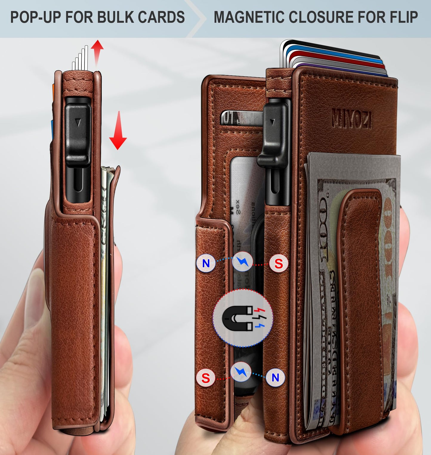 miyozi Airtag Wallet for Men,with Money Clip 10 Cards Metal Case Smart Slim Pop Up Credit Card Holder Flip with Magnetic Closure RFID Blocking wallet with Gift Box