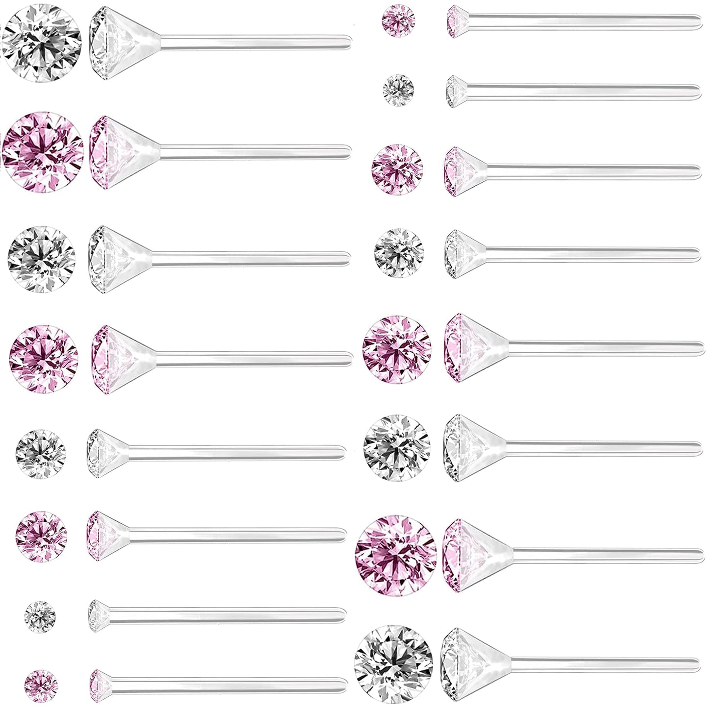 Anti Allergy Hypoallergenic Plastic Stud Earrings Set, 8 Pairs with Silicone Backs, 2-5mm Cubic Zirconia for Sensitive Ears (Pink)
