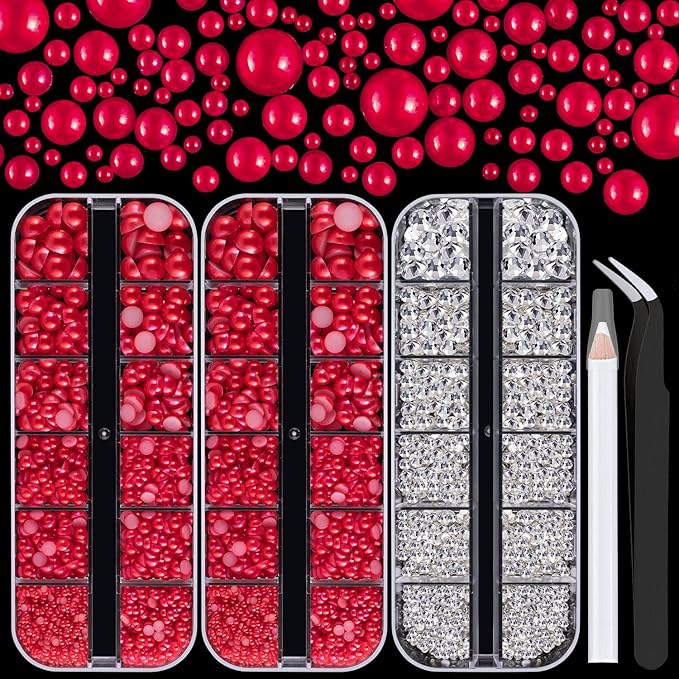 4000PCS Flatback Rhinestones and Half Round Pearls Kit #28, Multi Size Glass Clear Crystals, Plastic Flat Back Red Dome Bead with Pickup Pencil and Tweezer for Nail Art