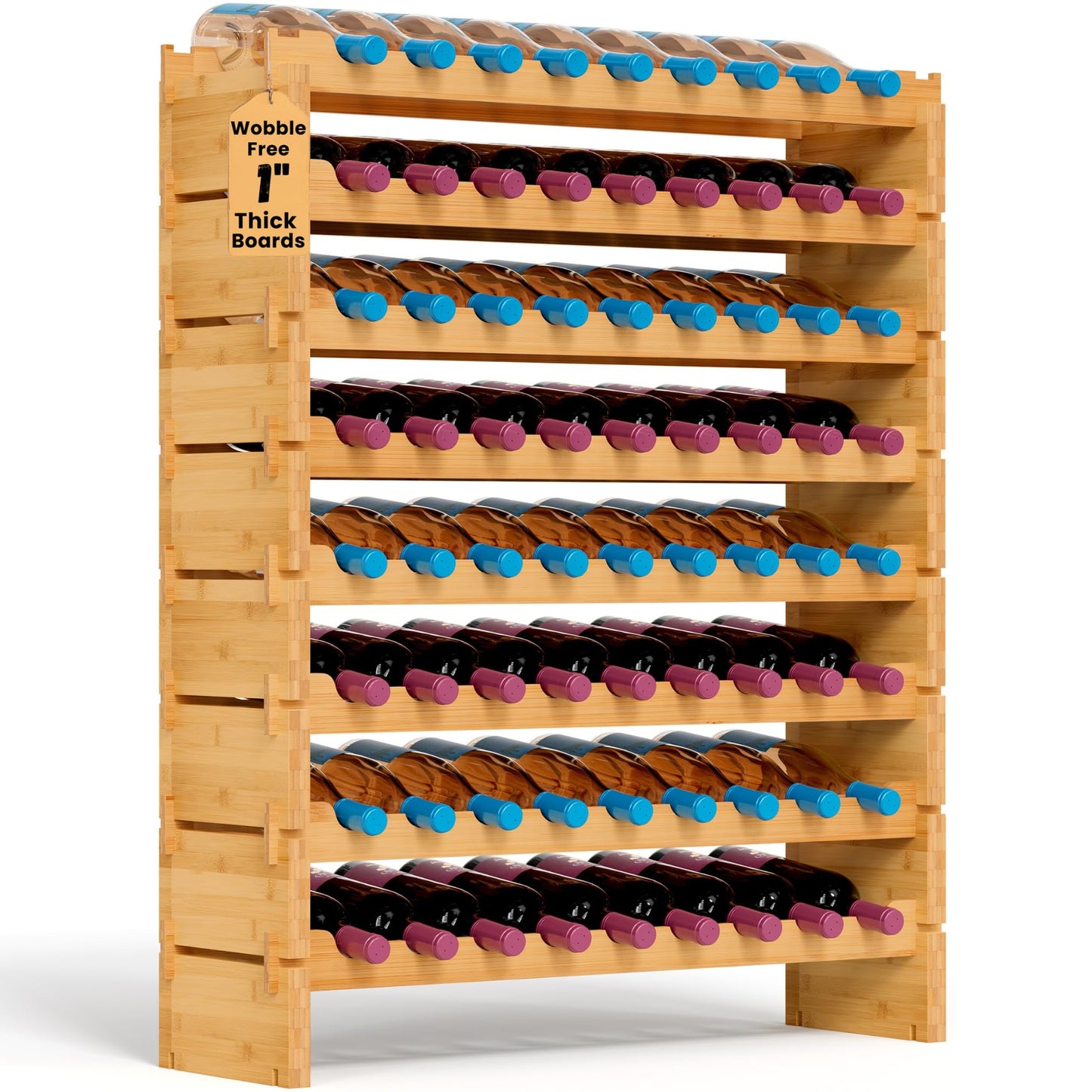 NutriChef 72 Bottle Wine Rack Stackable Bamboo Freestanding, 8-Tier Modular Shelf, Sturdy Wobble Free, Upgraded 2026 Design, Easy No-Tool Assembly for Kitchen, Cellar or Bar Storage 33.5" x 10" x 41"