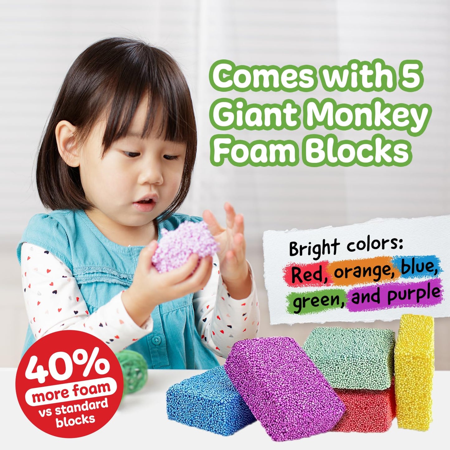 Impresa Monkey Foam Giant Foam Blocks - 5-Pack - Calming Sensory Play & Sensory Toys for Kids - Squishy Molding & Creative Toys - Fidget Gear for Basket - Ages 3+