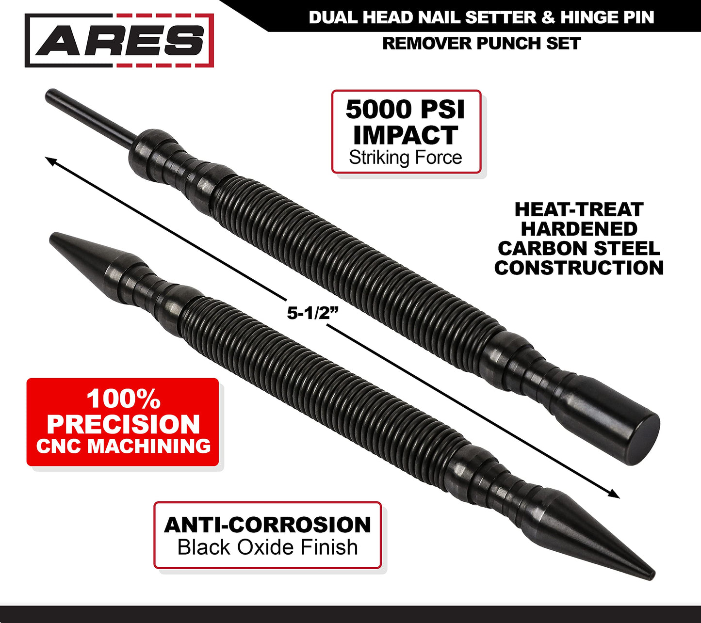 ARES 10012 – 2-Piece Dual Head Nail Setter & Hinge Pin Remover Punch Set – Nail Setter Features 1/32-Inch (#1) and 1/16-Inch (#2) Dual Head Design – CNC-Precision Machined - 5000 PSI Striking Force