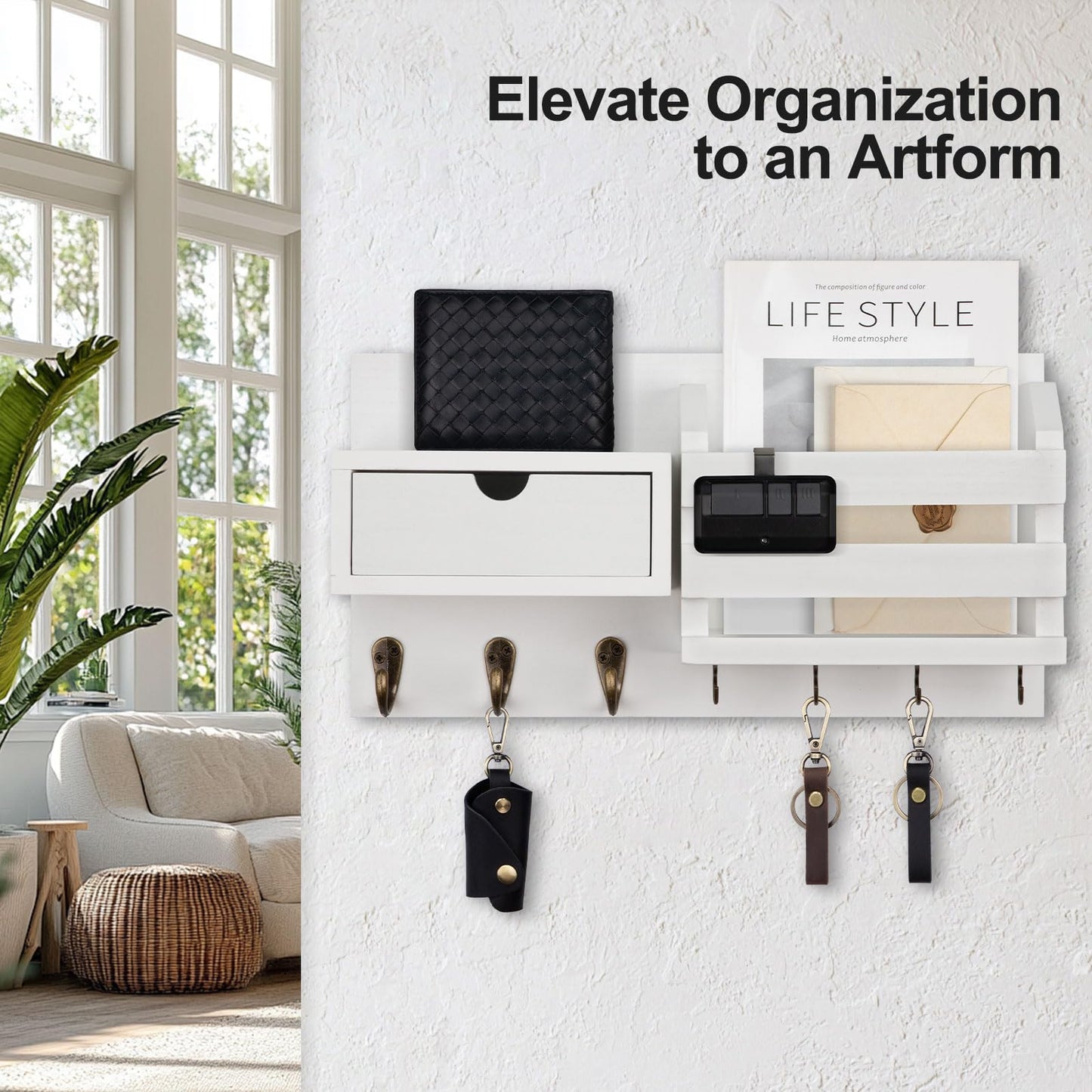 Lwenki Wall Mount Key Holder with Mail Organizer, 100% Paulownia Wood, 7 Metal Hooks, Storage Drawer, Entryway Home Decor (White)
