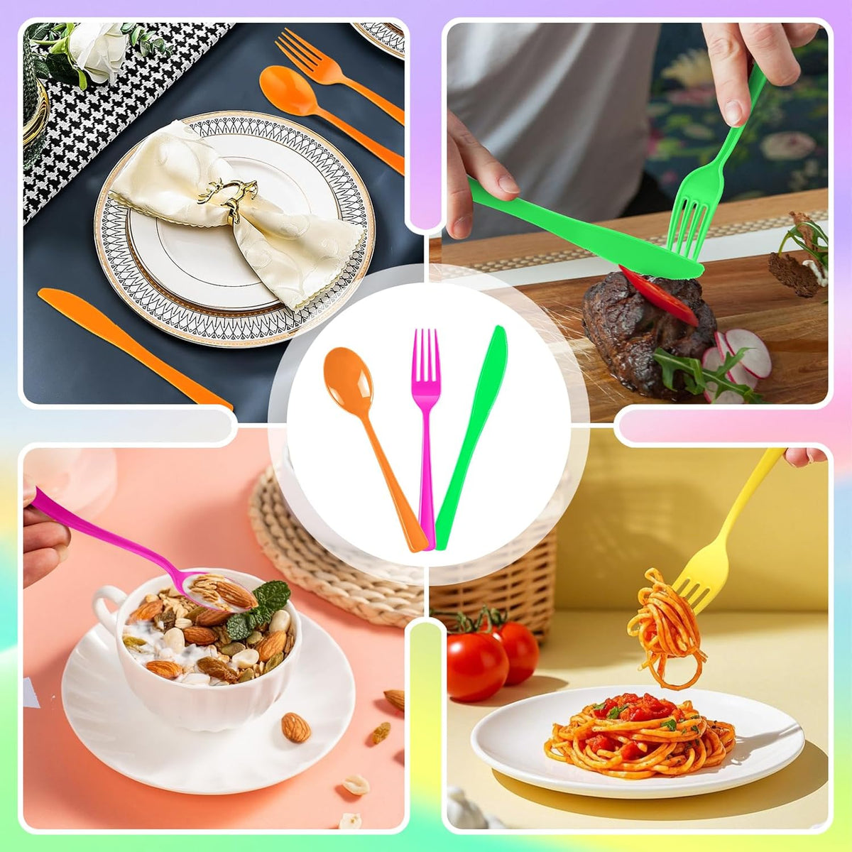 300 Pack Neon Party Disposable Plastic Silverware Heavy Duty, Plastic Cutlery Set, Forks and Spoons Knives Set for Birthday Party Prom Night, Weddings（Orange,Green, Hot Pink, Yellow Colors）