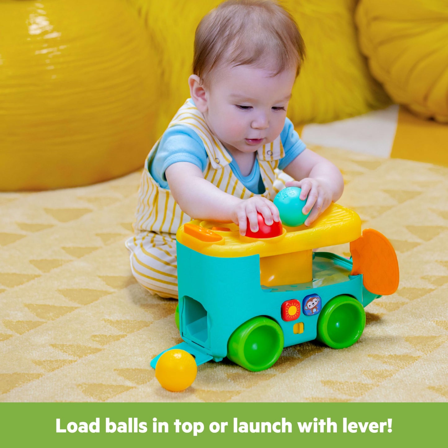 Bright Starts Pop & Roll Safari Bus Ball Play Toy, Elephant Popper and Launcher, Baby Crawling Toy, Unisex, Ages 6 Months+