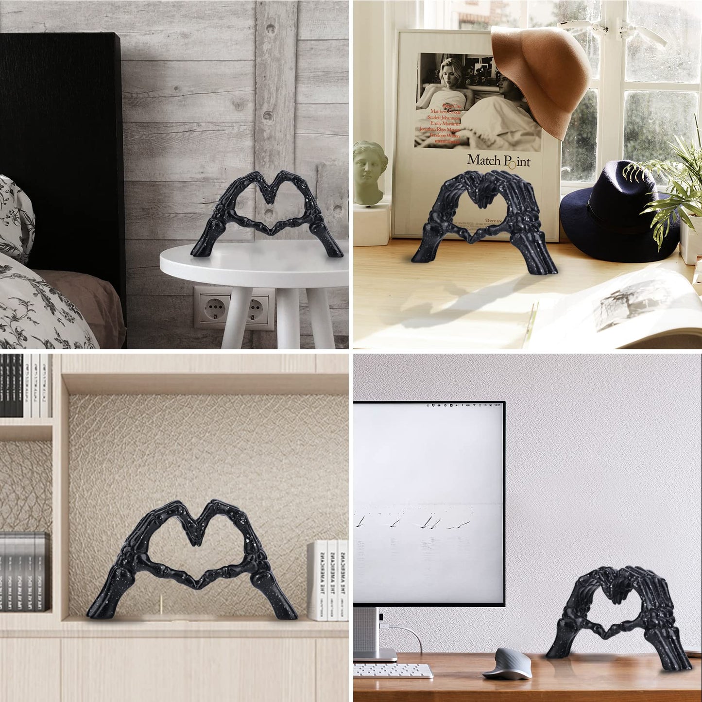 Black Hand Bone Sculpture Love Decoration, Halloween Skeleton Couple Statue, Heart Hand Ornament Suitable for Living Room Coffee Table, Dining Table, Bookshelf, Shelf, Entryway Desktop.
