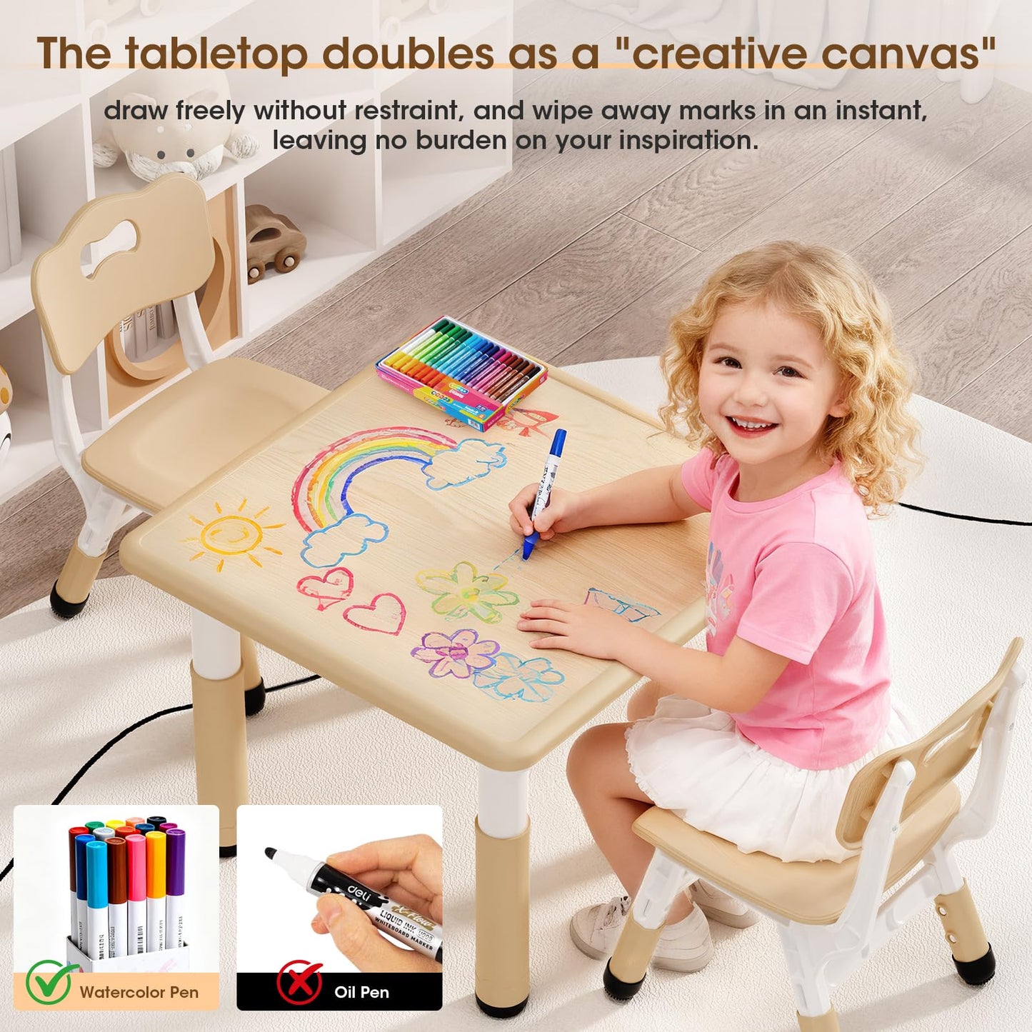 HLPB Kids Table and 2 Chairs Set, Adjustable Height, Graffiti Desktop, Non-Slip Legs, 23.6''L x 23.6''W Toddler Multi-Activity Table for Ages 2-8, Max 300lbs, for Daycare, Classroom, Home