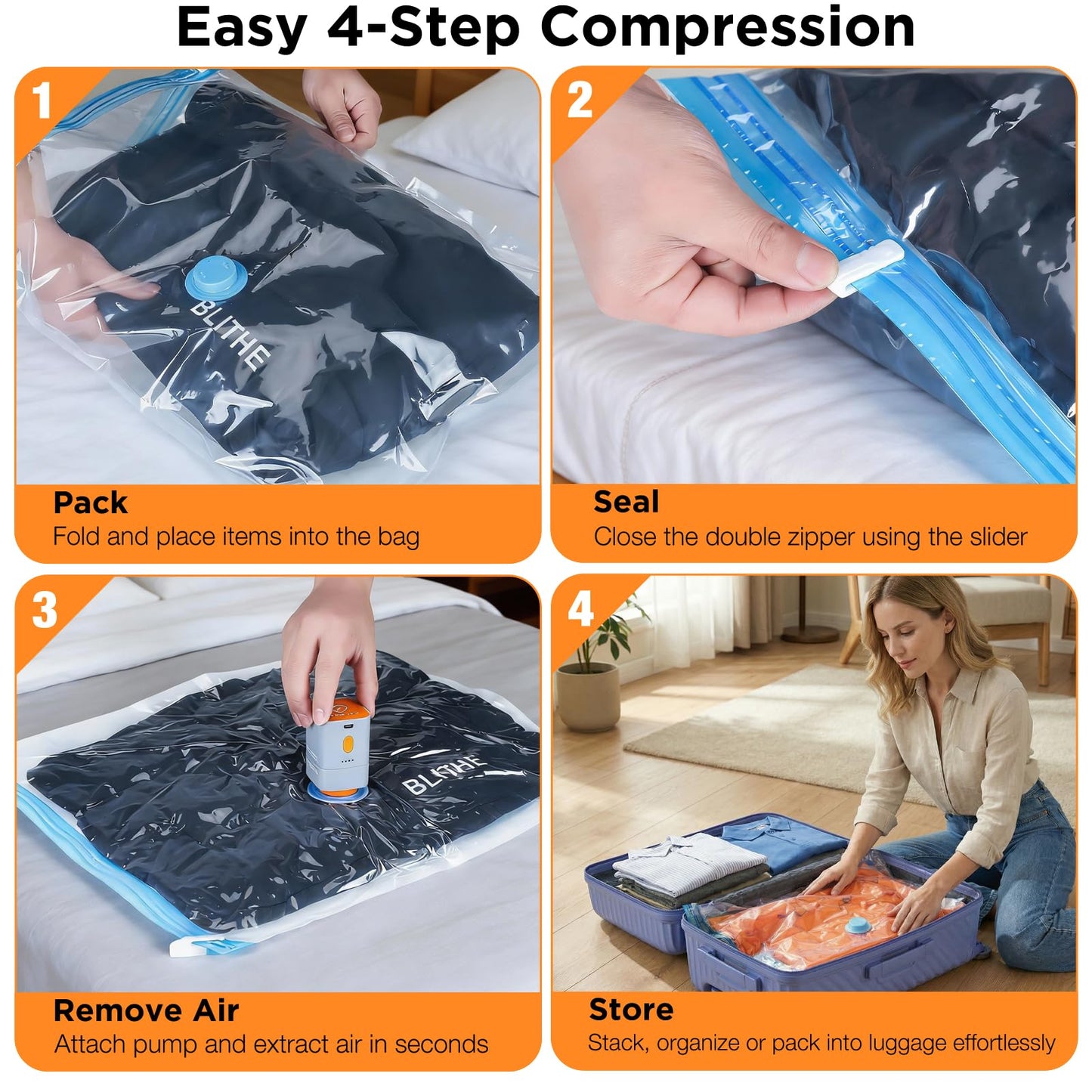 Travel Vacuum Storage Bags with Compact Cordless Pump, 15-Pack Space Saver Vacuum Seal Bags for Clothing & Luggage, Reusable Compression Bags in 3 Carry-On Sizes