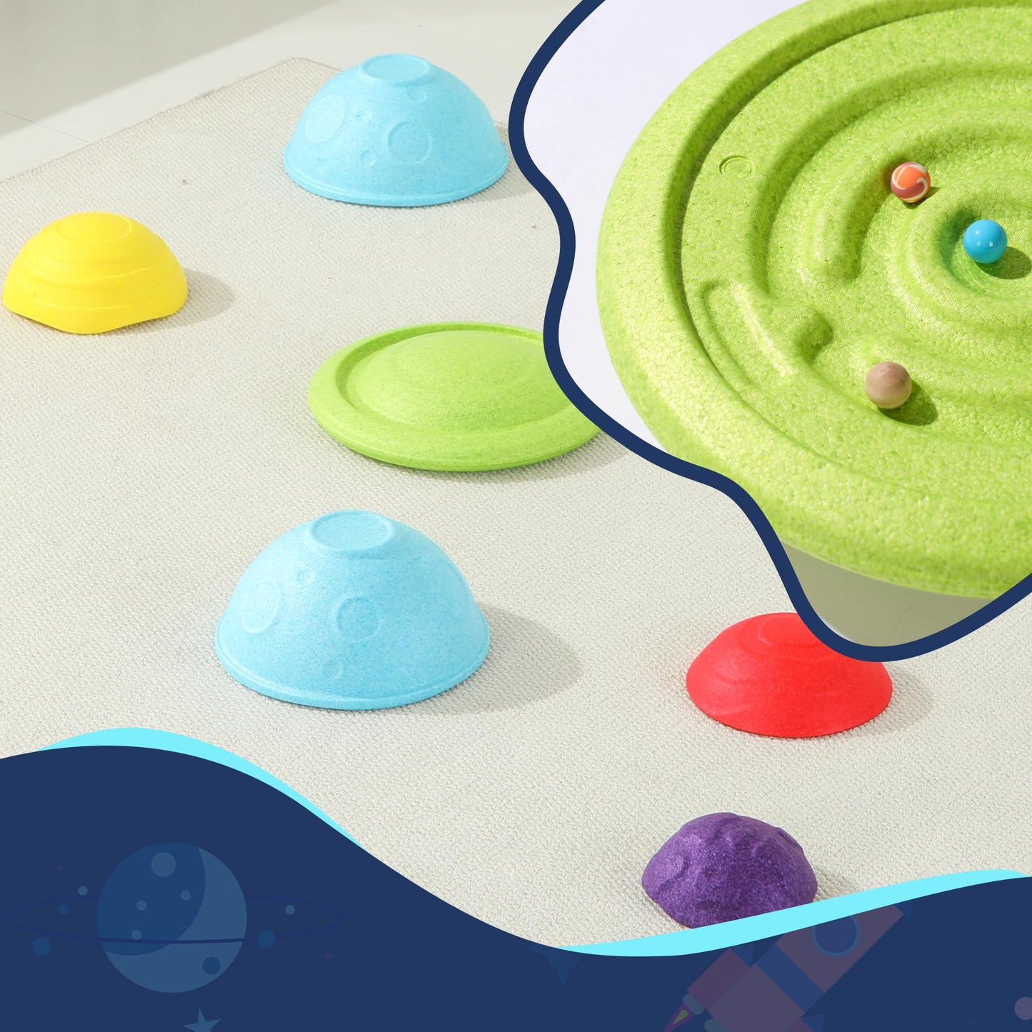 LoomLark Balance Stepping Stones for Kids 6PCS EPP River Stones with 3 Mini Planet Ball Indoor and Outdoor Coordination Game Sensory Toys Toddler Ages 3 4 5 6 7 8+