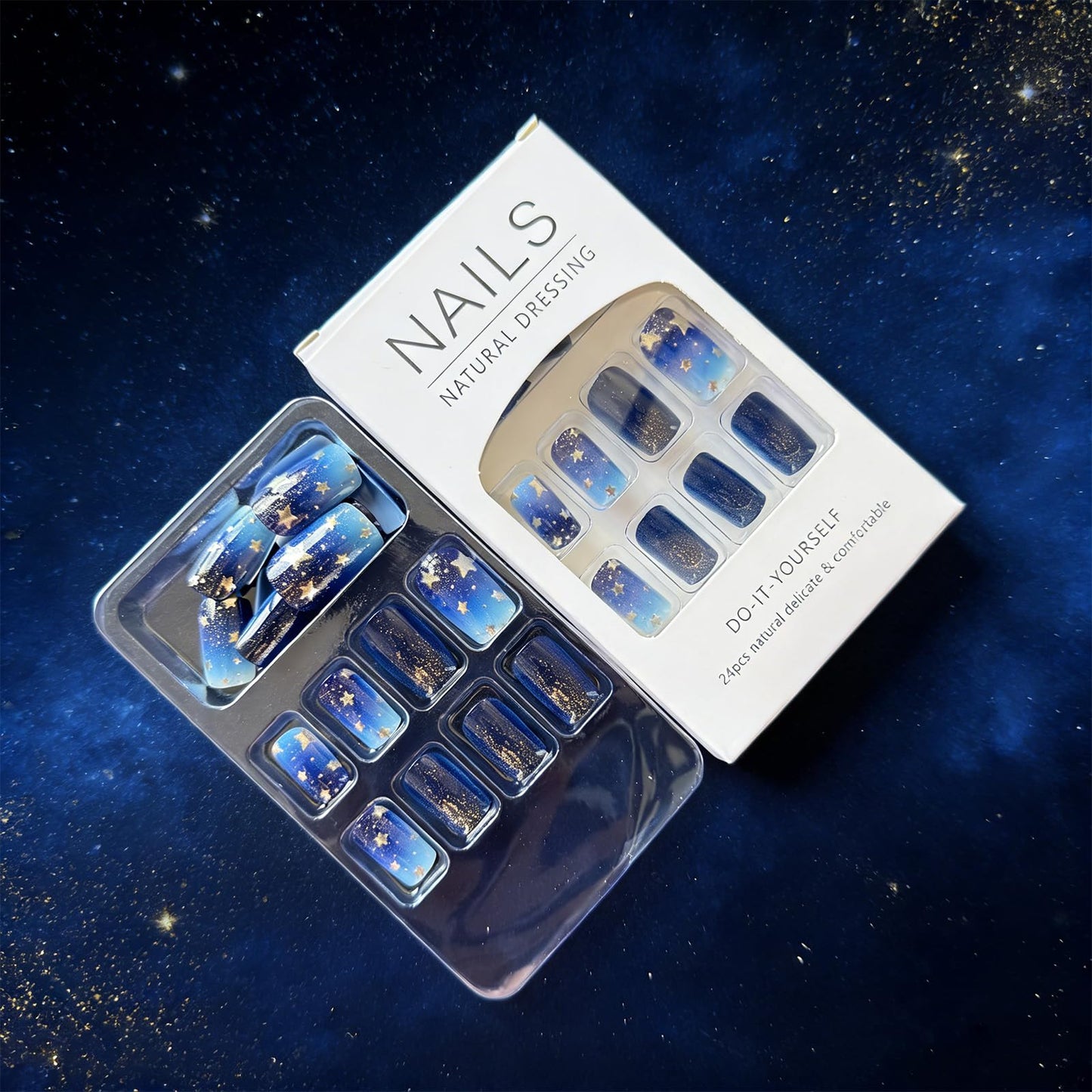 Star Press on Nails Medium Square Fake Nails Gradient Blue Acrylic Nails Press ons with Twinkle Stars Design Starry Sky Artificial Nail Reusable Stick on Nails for Women Manicure 24Pcs