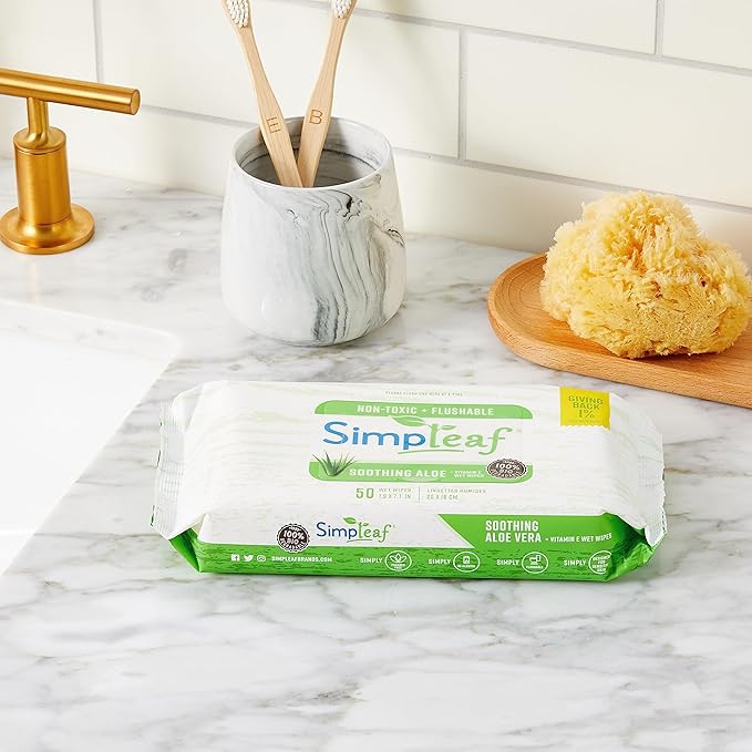 Simpleaf Flushable Wet Wipes Aloe Vera | Plastic Free, Paraben & Alcohol Free | Hypoallergenic & Safe for Sensitive Skin | Soothing Aloe Formula | Adult Toilet Wipes (3 x 50 Counts Pack) 150 Counts