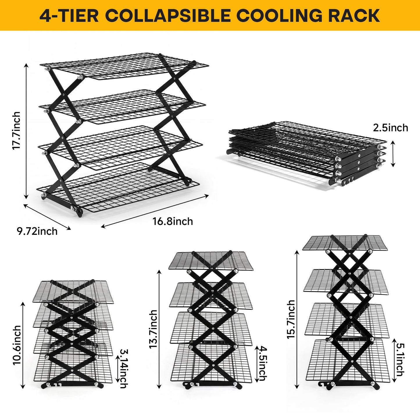 Aguegro 4-Tier Collapsible Cooling Rack, High-Quality Stainless Steel Adjustable Stackable Wire Cookie Cooling Rack for Baking, Cookies, Cake, Roasting, Grilling, Drying