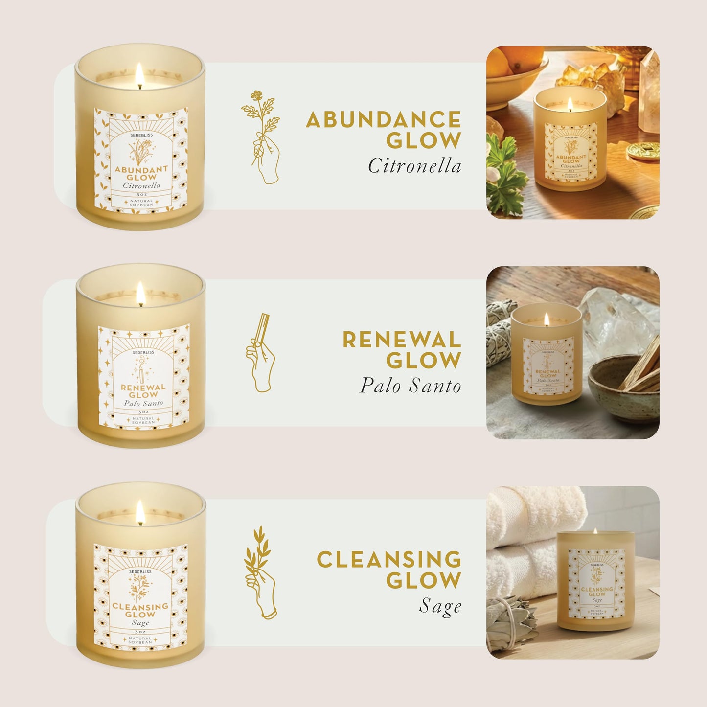 Serebliss Candle Set - 3 Pack Soy Wax Aromatherapy Scented Candles for Energy Cleansing, Manifestation, Palo Santo, Sage, Citronella, Long Lasting, Gift for Women, for her, Smudge Kit
