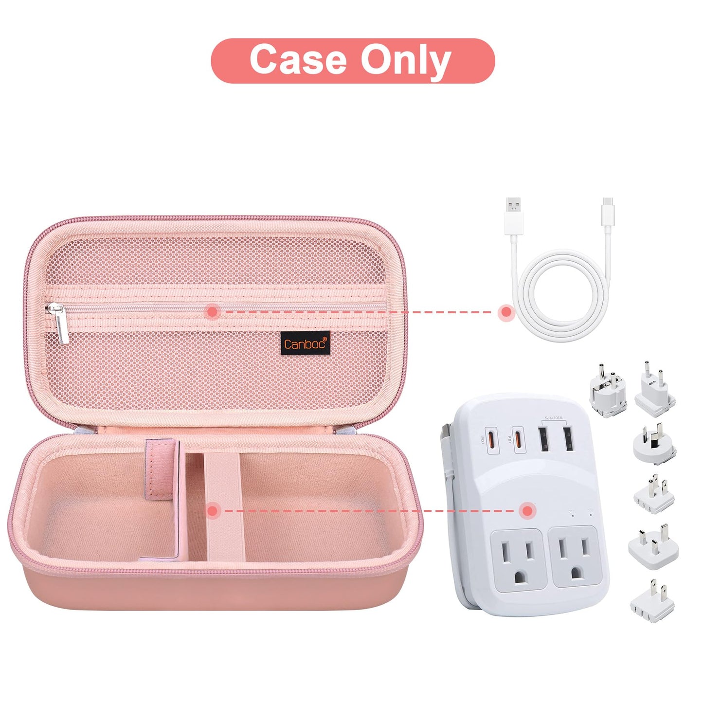 Canboc Carrying Case for Ceptics Universal Travel Adapter Kit, World Travel Adapter Kit Box with Removable Shoulder Strap, Zipper Mesh Bag fit USB Cable, Rose Gold (Case Only)