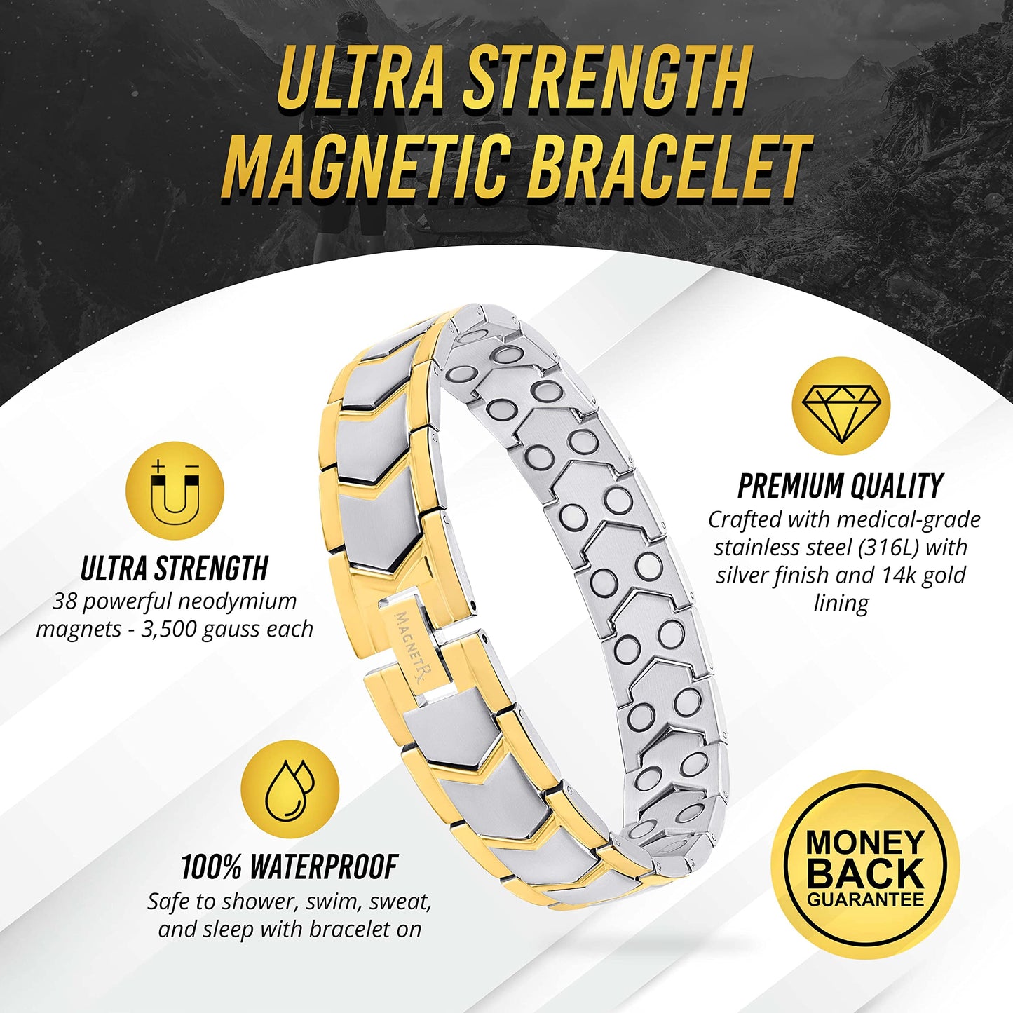 MagnetRX® Ultra Strength Magnetic Bracelet – Effective Stainless Steel Metal Bracelets for Men – Adjustable Length with Sizing Tool for Perfect Fit (Silver & Gold)