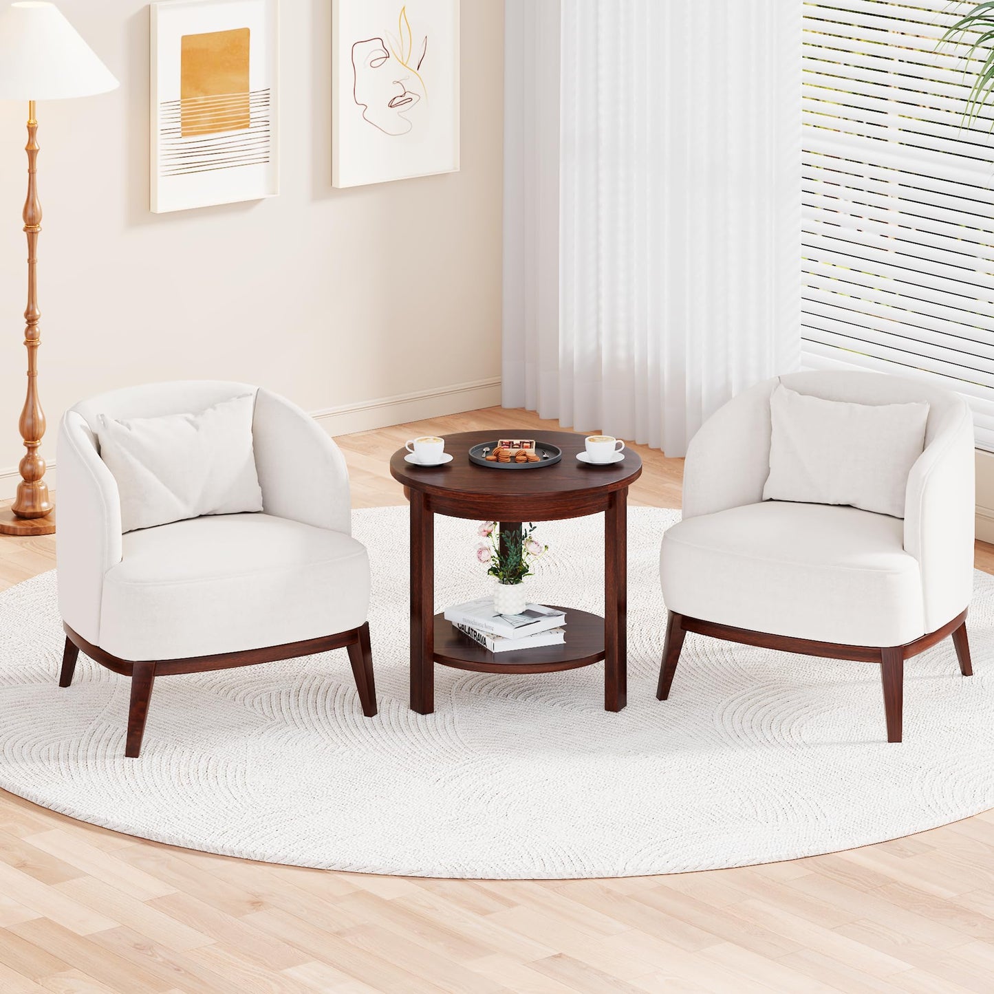 Solid Wood Round End Table with Storage Shelf, 22" W x 20" H, Mid Century Modern Wooden Coffee/End/Side Table for Bedroom Living Room, Walnut