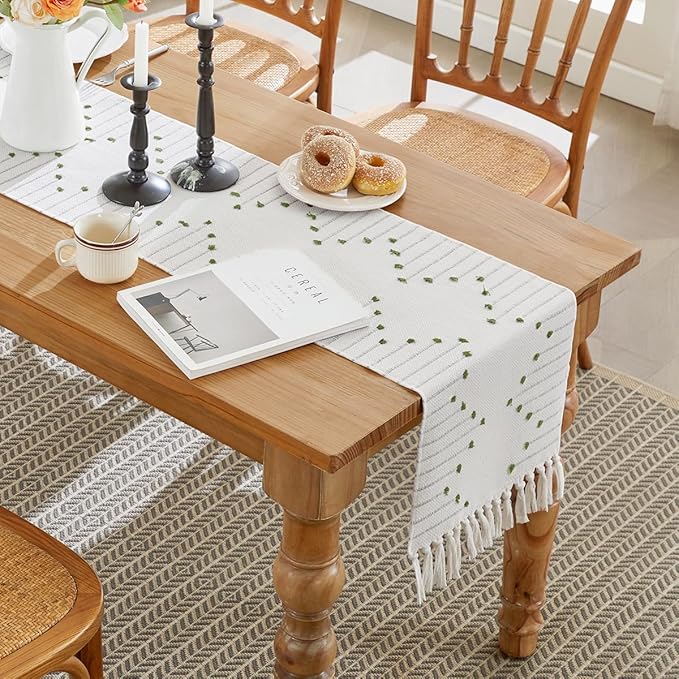 Wracra Boho Table Runner, Natural Cotton Woven Macrame Table Runners 48 Inches Long for Modern Farmhouse Woven Home Decor, 14x48 Inch, Green