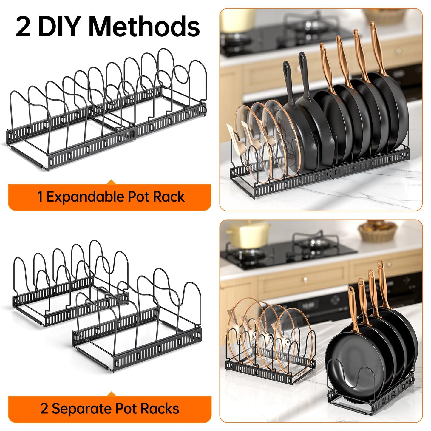 MUDEELA Pots and Pans Organizer Rack for under Cabinet, Expandable 11.81''-22.85'' Pot Lid Kitchen Cabinet Organizer Holder with 10 Adjustable Compartment Cutting Board Organizer for Pan Lid, Bakeware