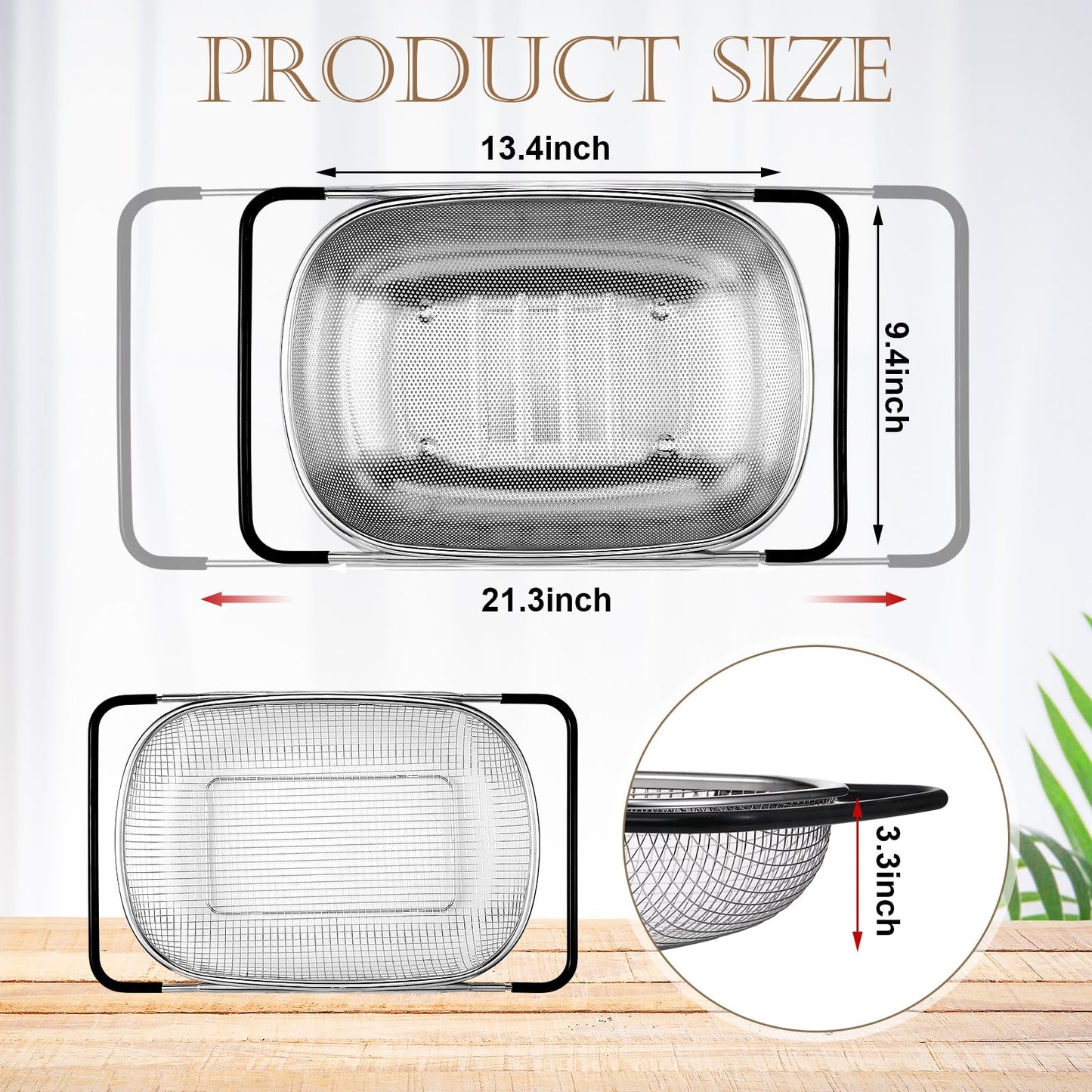 Tioncy 2 Pcs Large Over The Sink Colander, 6 Quart Stainless Steel Colander with Fine Mesh or Grid, Strainer Basket with Expandable Rubber Handles, Strain, Drain, Rinse Vegetable Fruit for Kitchen