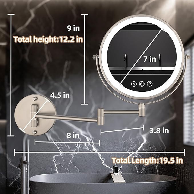 9" Wall Mounted Lighted Makeup Mirror with Magnification, 1X/10X Magnifying Mirror with Light, 3 Color LED 2000mAh Rechargeable Light Up Magnifying Nickel Extendable